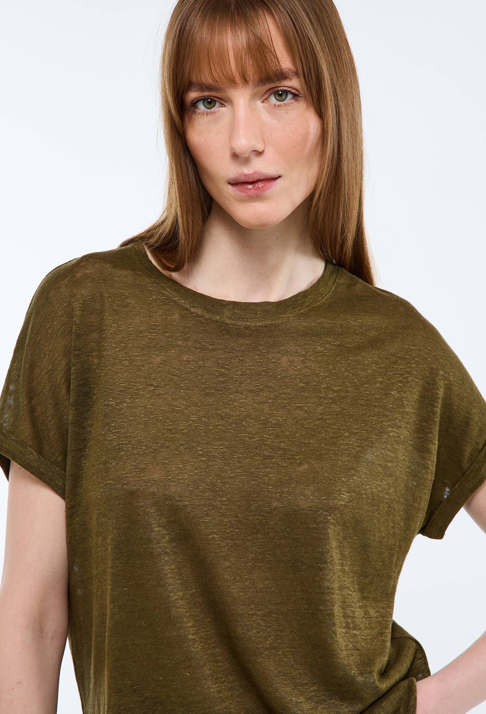 T-shirt manches &agrave; revers uni en lin, Vert fonc&eacute;, swatch image
