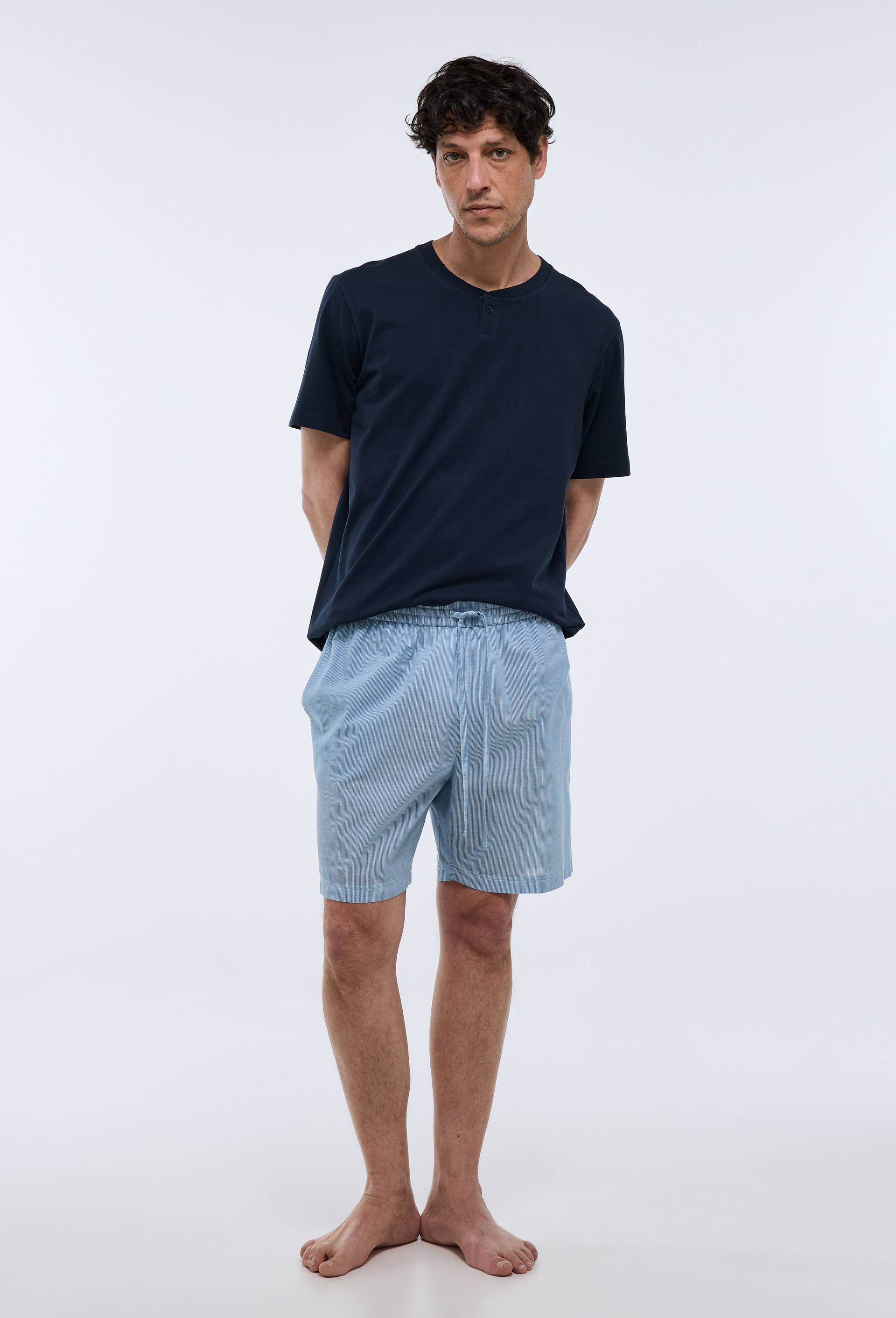 Pyjama T-Shirt manches courtes &agrave; rayures et short en coton BIO GOTS, Bleu fonc&eacute;, large image number 0