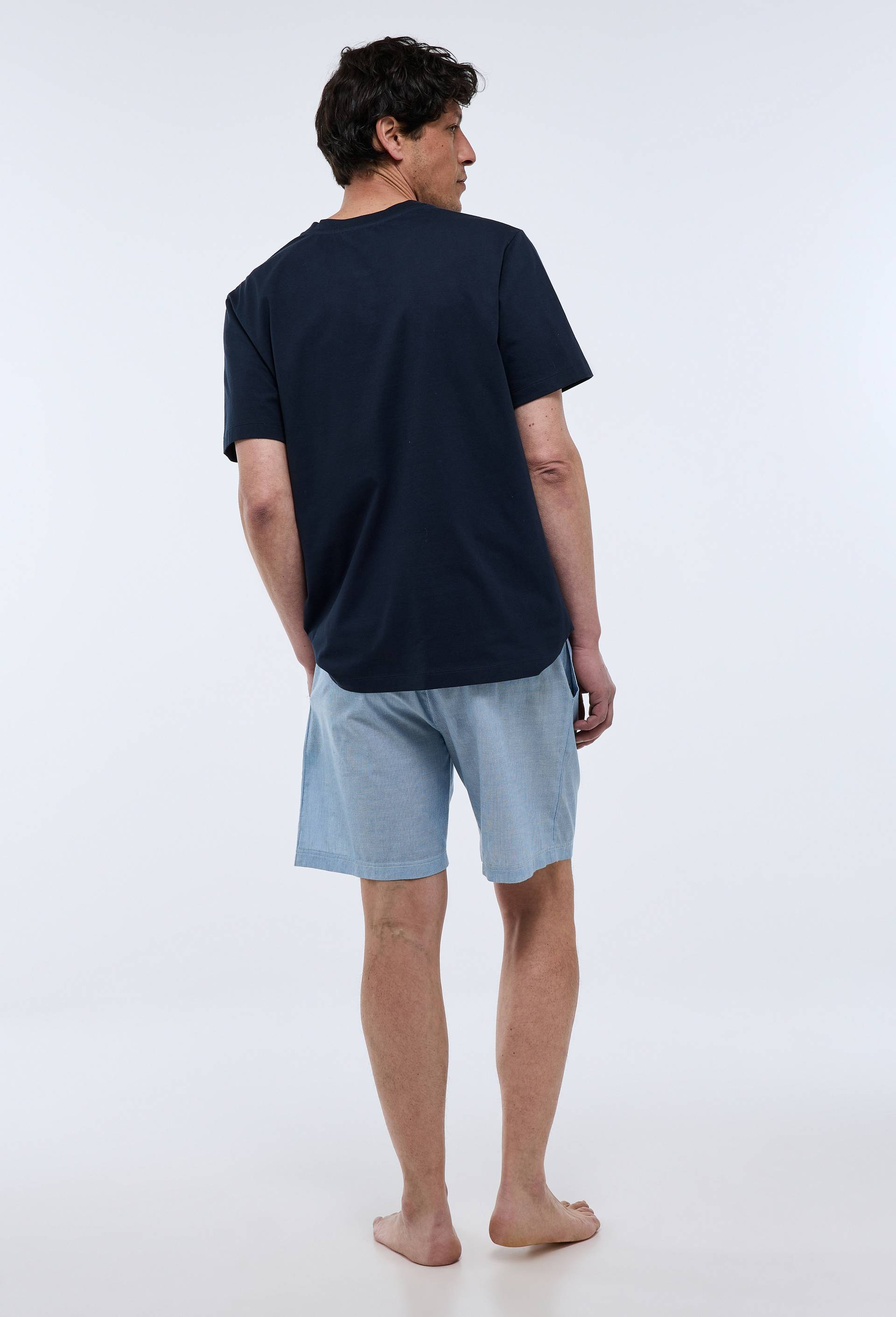 Pyjama T-Shirt manches courtes &agrave; rayures et short en coton BIO GOTS, Bleu fonc&eacute;, large image number 1