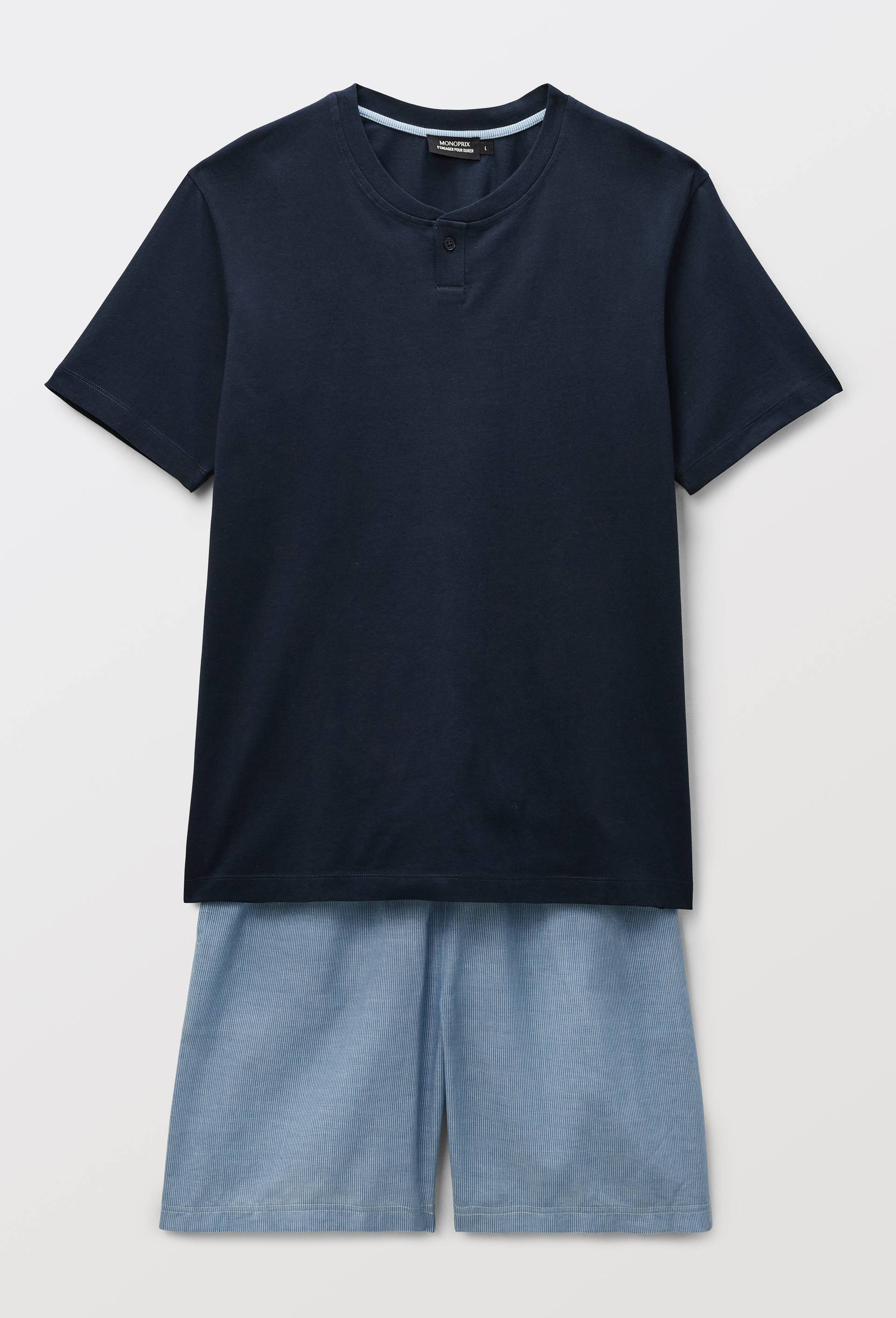 Pyjama T-Shirt manches courtes &agrave; rayures et short en coton BIO GOTS, Bleu fonc&eacute;, large image number 2.0