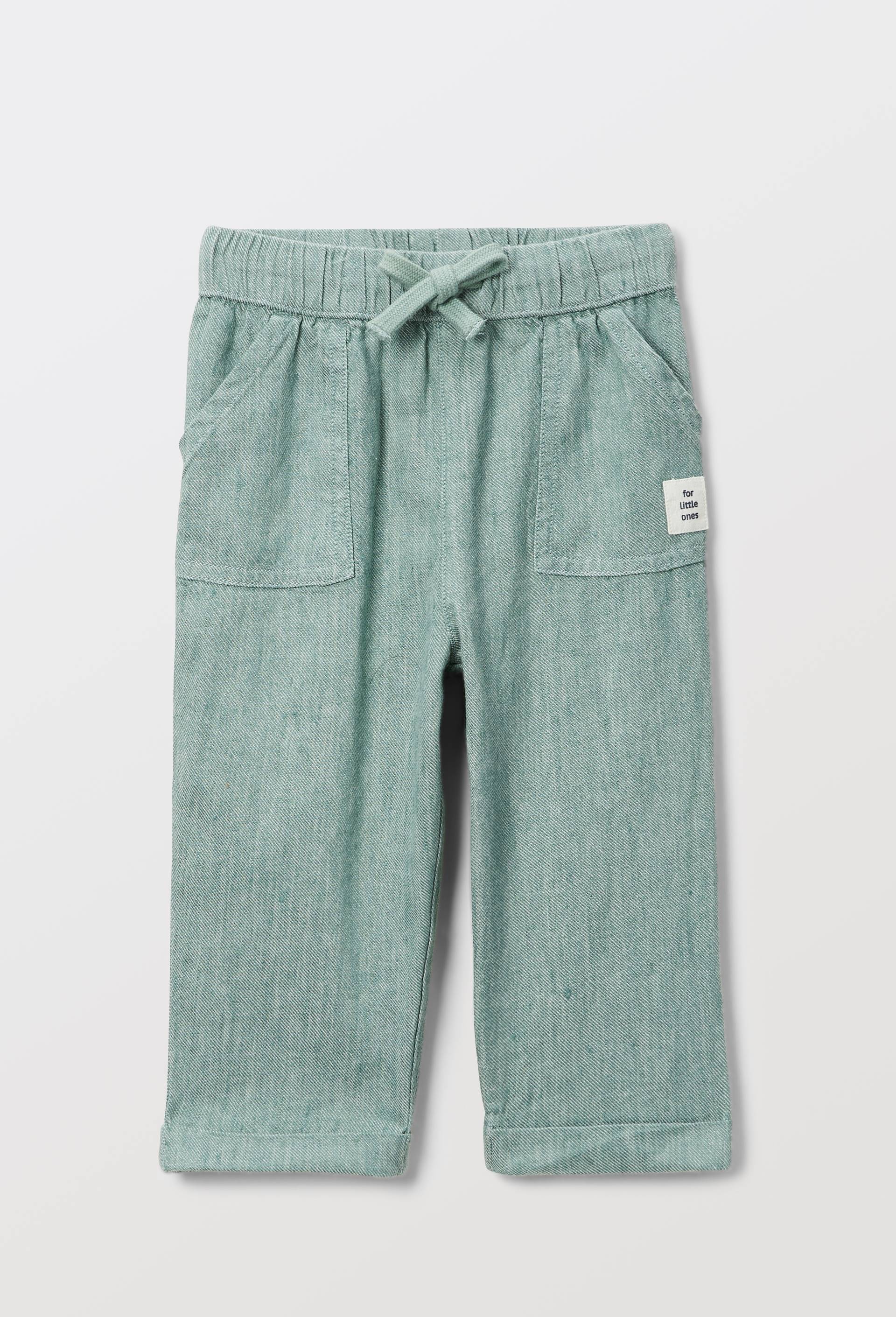Pantalon taille &eacute;lastique uni contenant du lin, Vert, large image number 1.0
