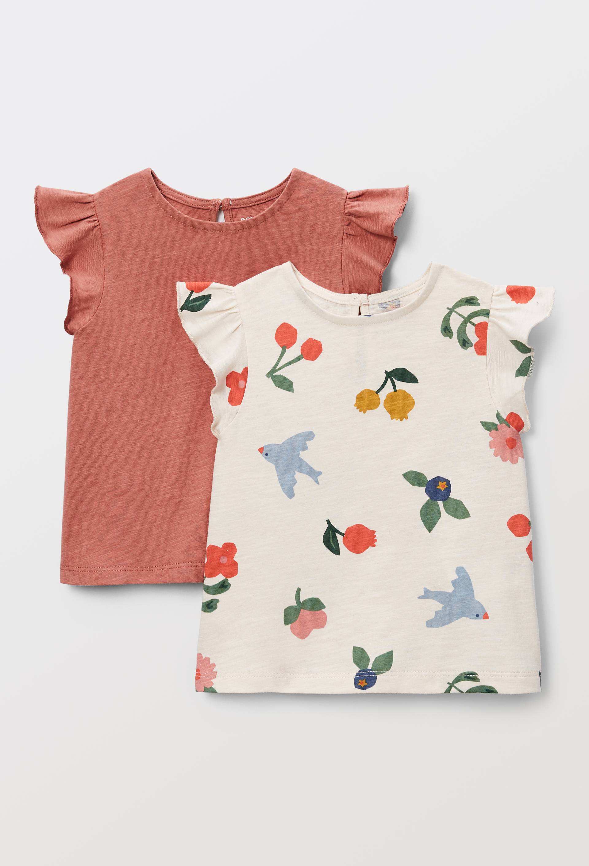 Lot de 2 t-shirt manches courtes &agrave; volants uni et imprim&eacute; en coton BIO GOTS, Rose fonc&eacute;, large image number 1.0