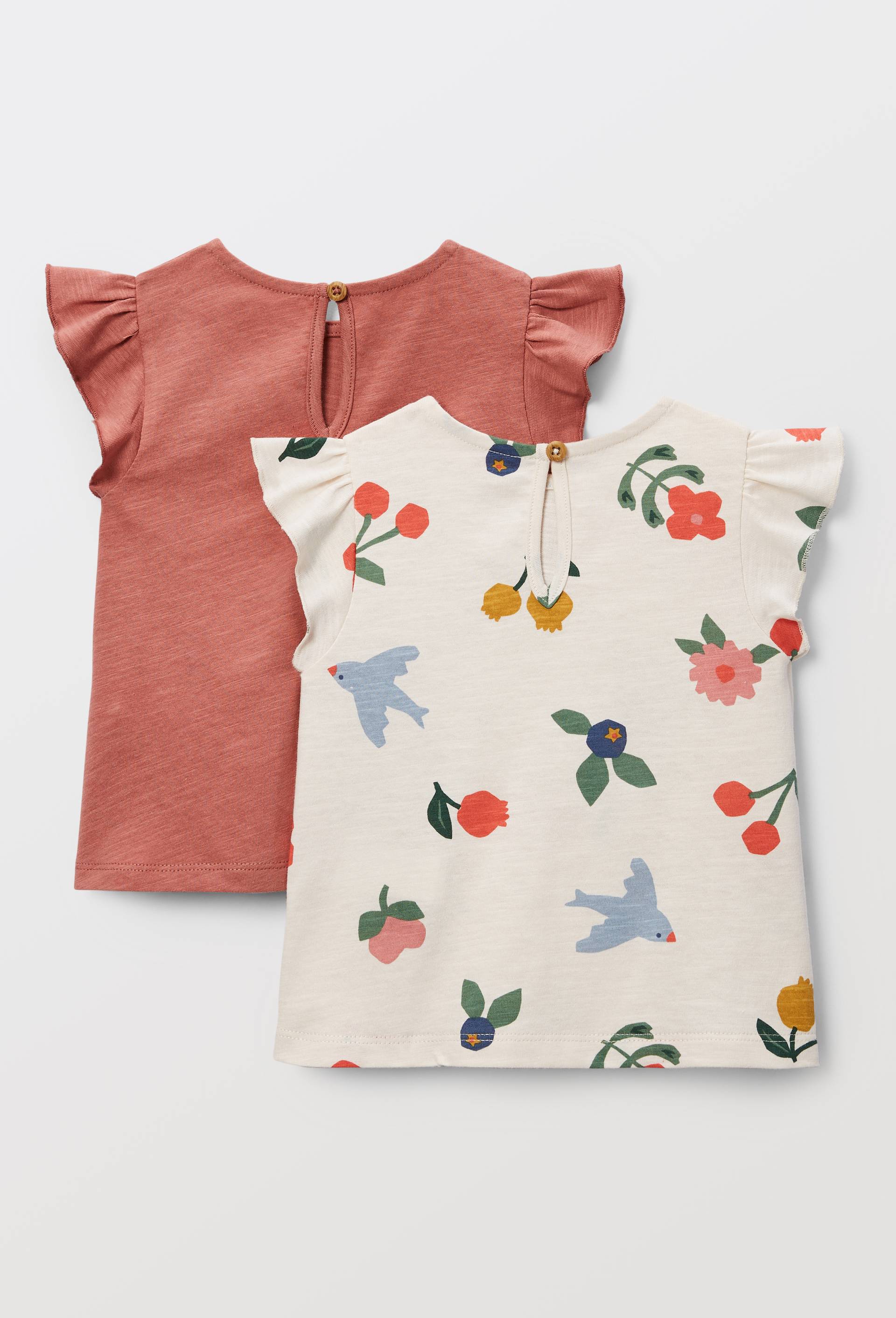 Lot de 2 t-shirt manches courtes &agrave; volants uni et imprim&eacute; en coton BIO GOTS, Rose fonc&eacute;, large image number 2