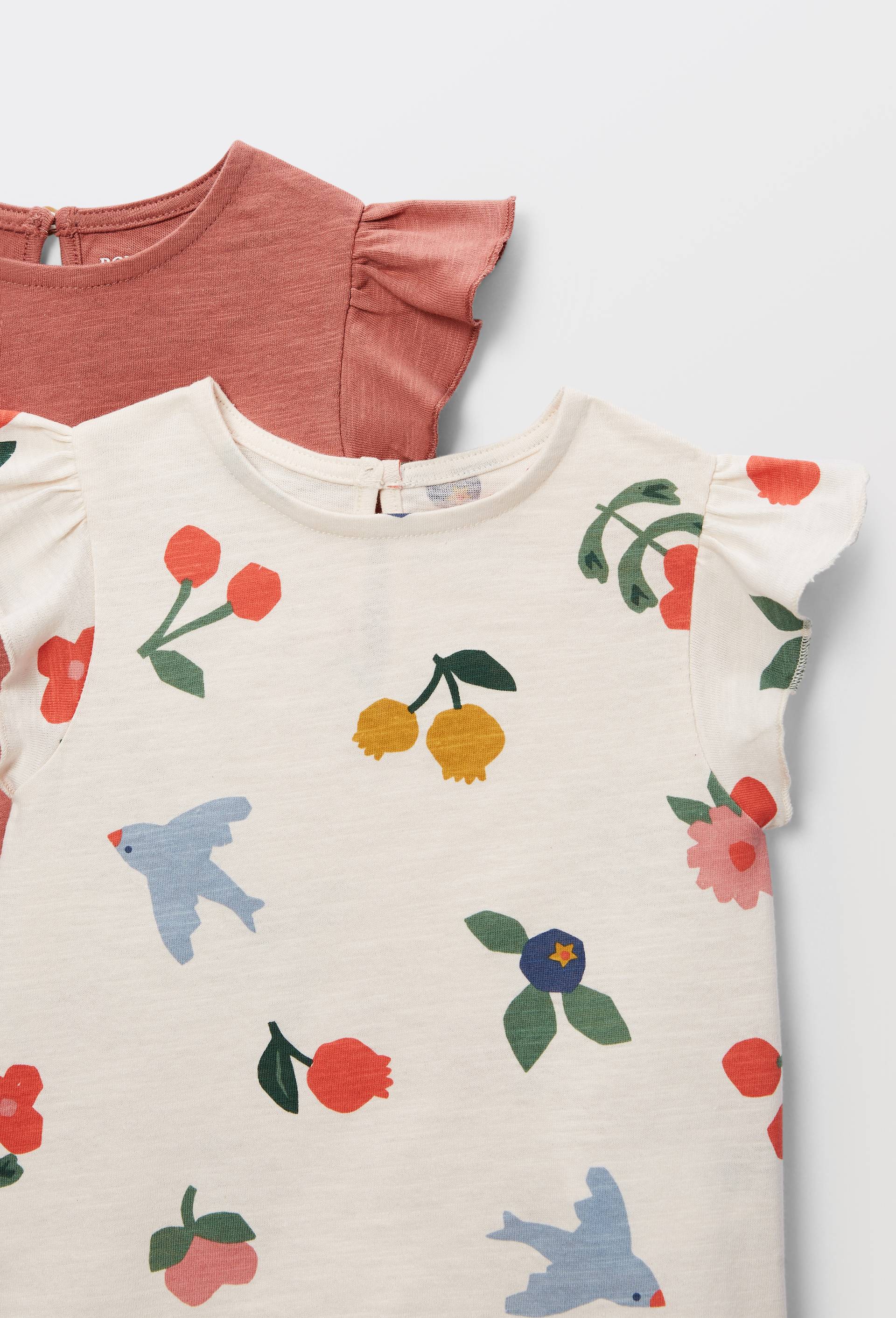 Lot de 2 t-shirt manches courtes &agrave; volants uni et imprim&eacute; en coton BIO GOTS, Rose fonc&eacute;, large image number 3