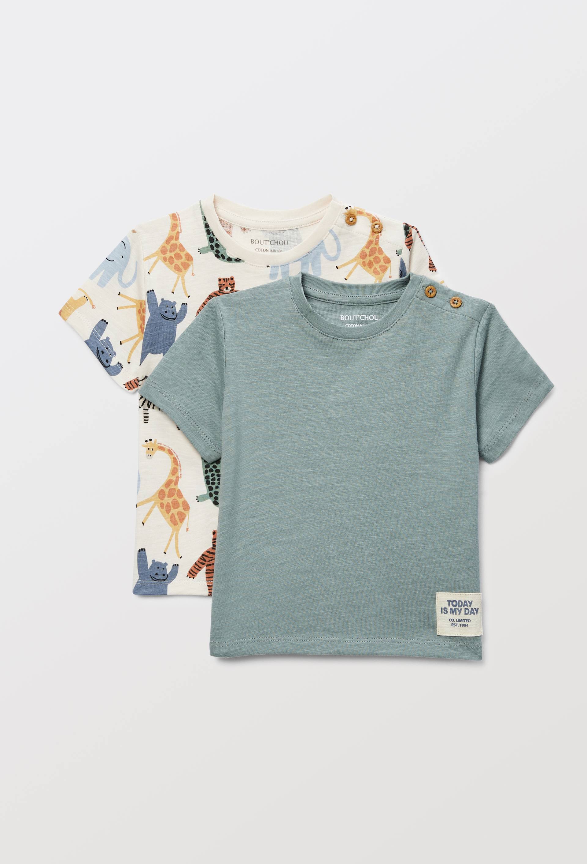 Lot de 2 t-shirts manches courtes imprim&eacute; et uni en coton BIO GOTS, Beige clair, large image number 0.0