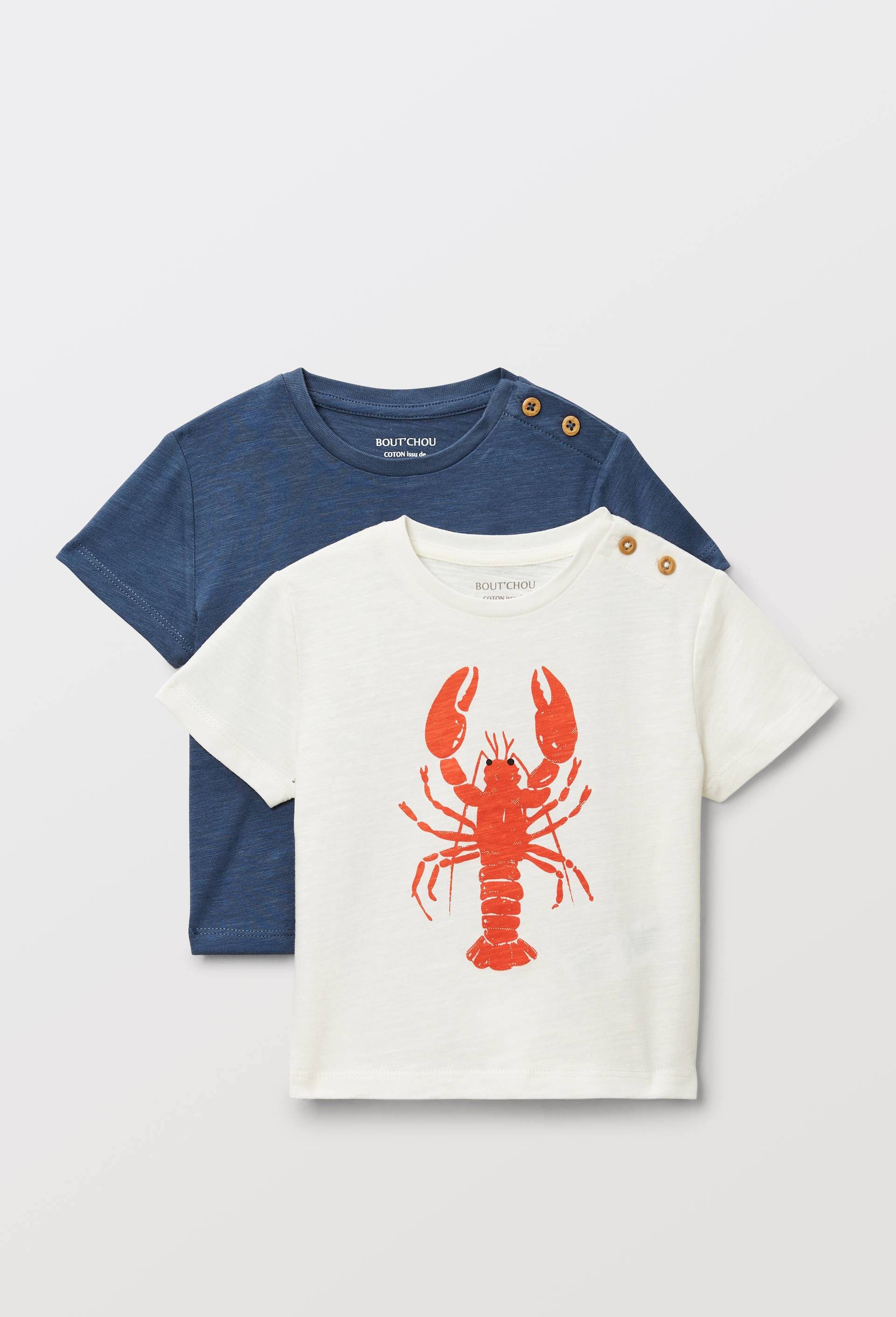 Lot de 2 t-shirts manches courtes imprim&eacute; et uni en coton BIO GOTS, Ecru, large image number 1