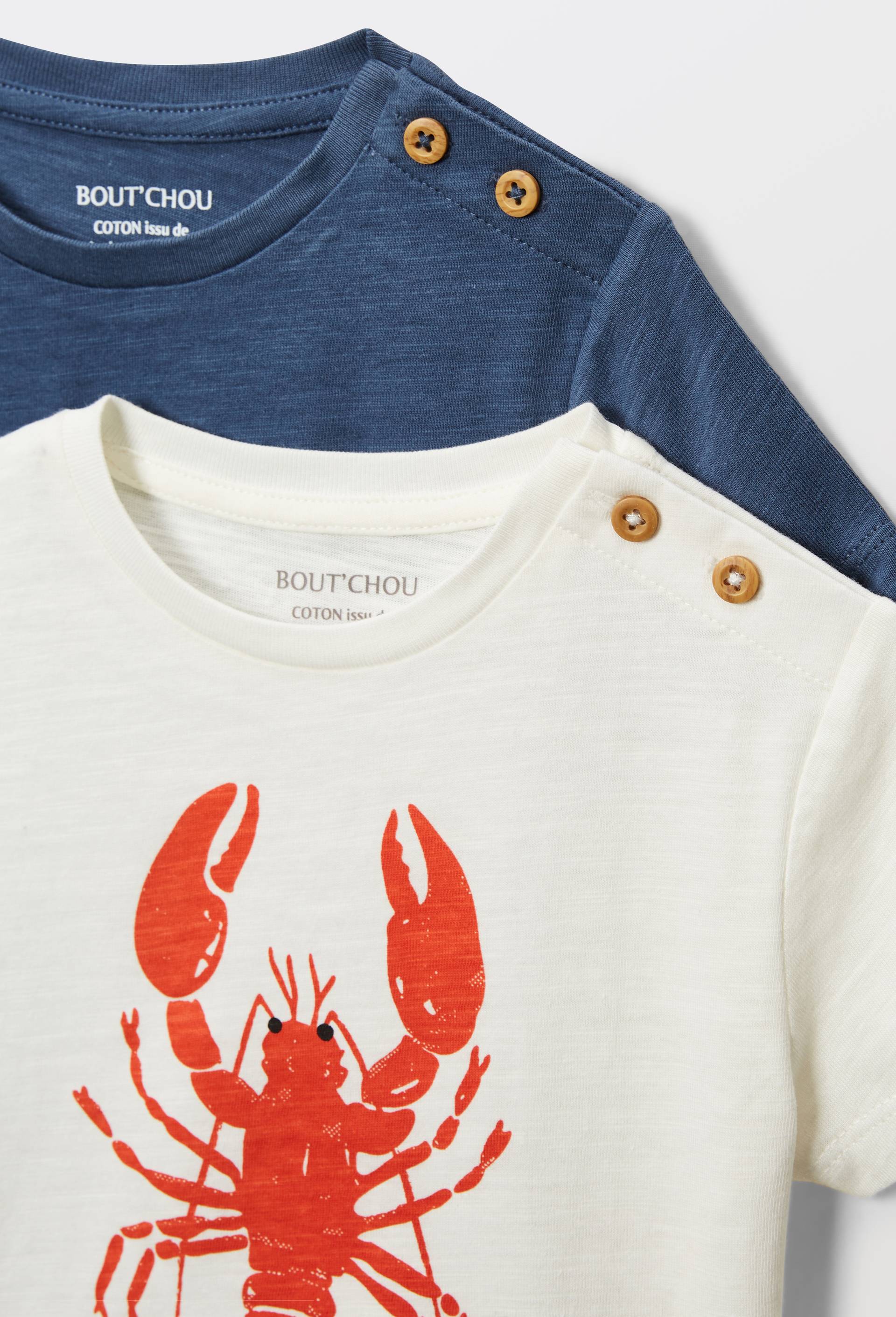 Lot de 2 t-shirts manches courtes imprim&eacute; et uni en coton BIO GOTS, Ecru, large image number 3