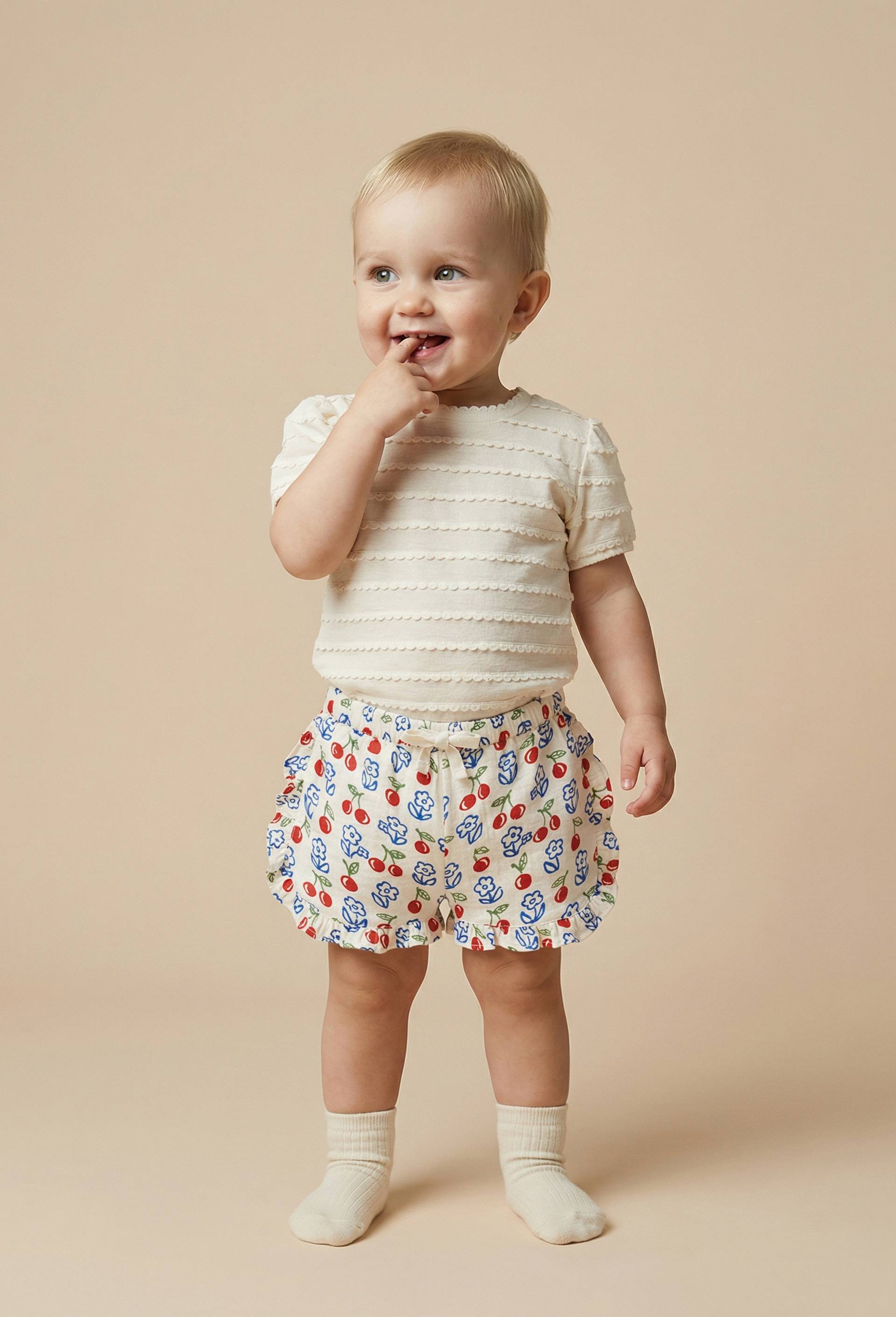Short &agrave; volants imprim&eacute; en coton BIO GOTS, Beige clair, large image number 0