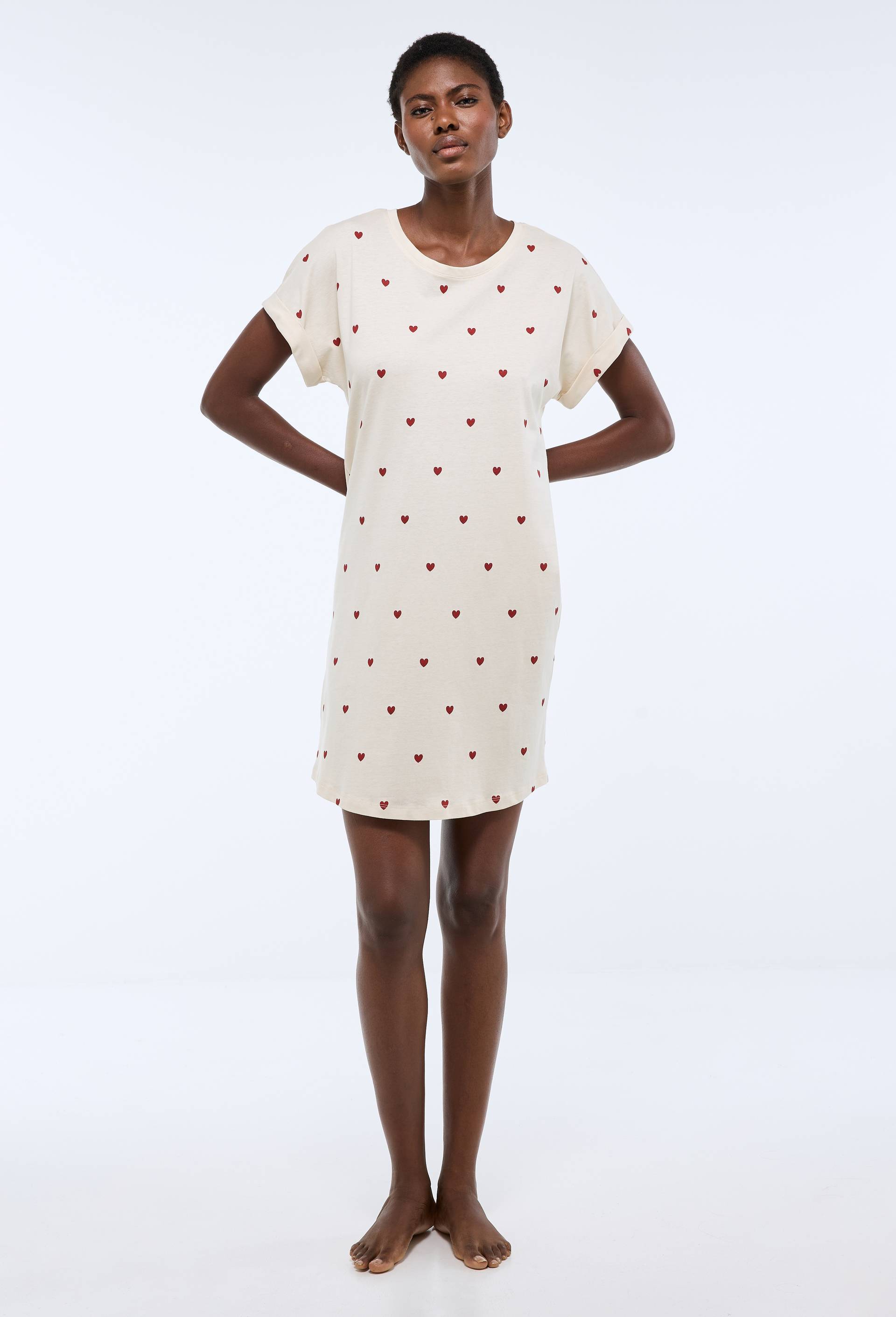 Chemise de nuit manches courtes imprim&eacute; coeur en coton BIO GOTS, Ecru, swatch image
