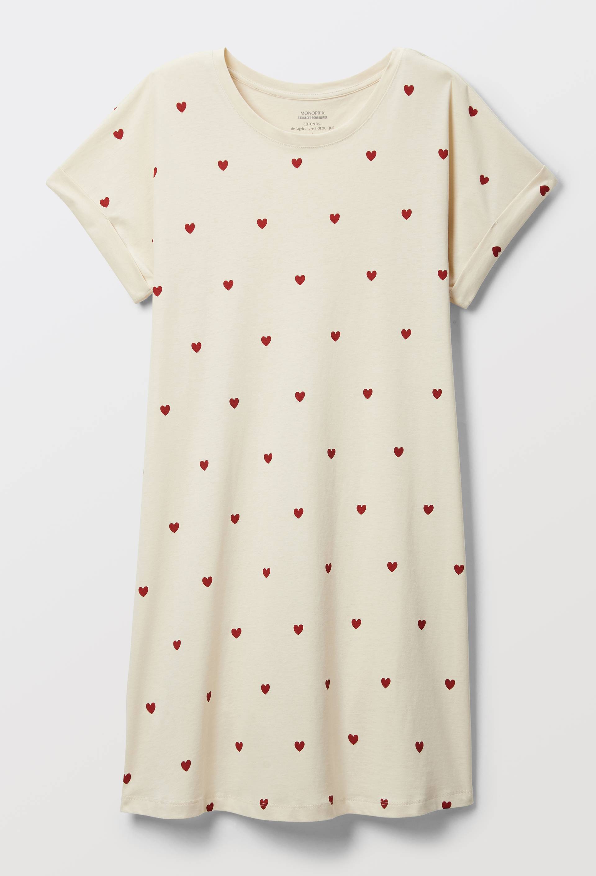 Chemise de nuit manches courtes imprim&eacute; coeur en coton BIO GOTS, Ecru, large image number 2