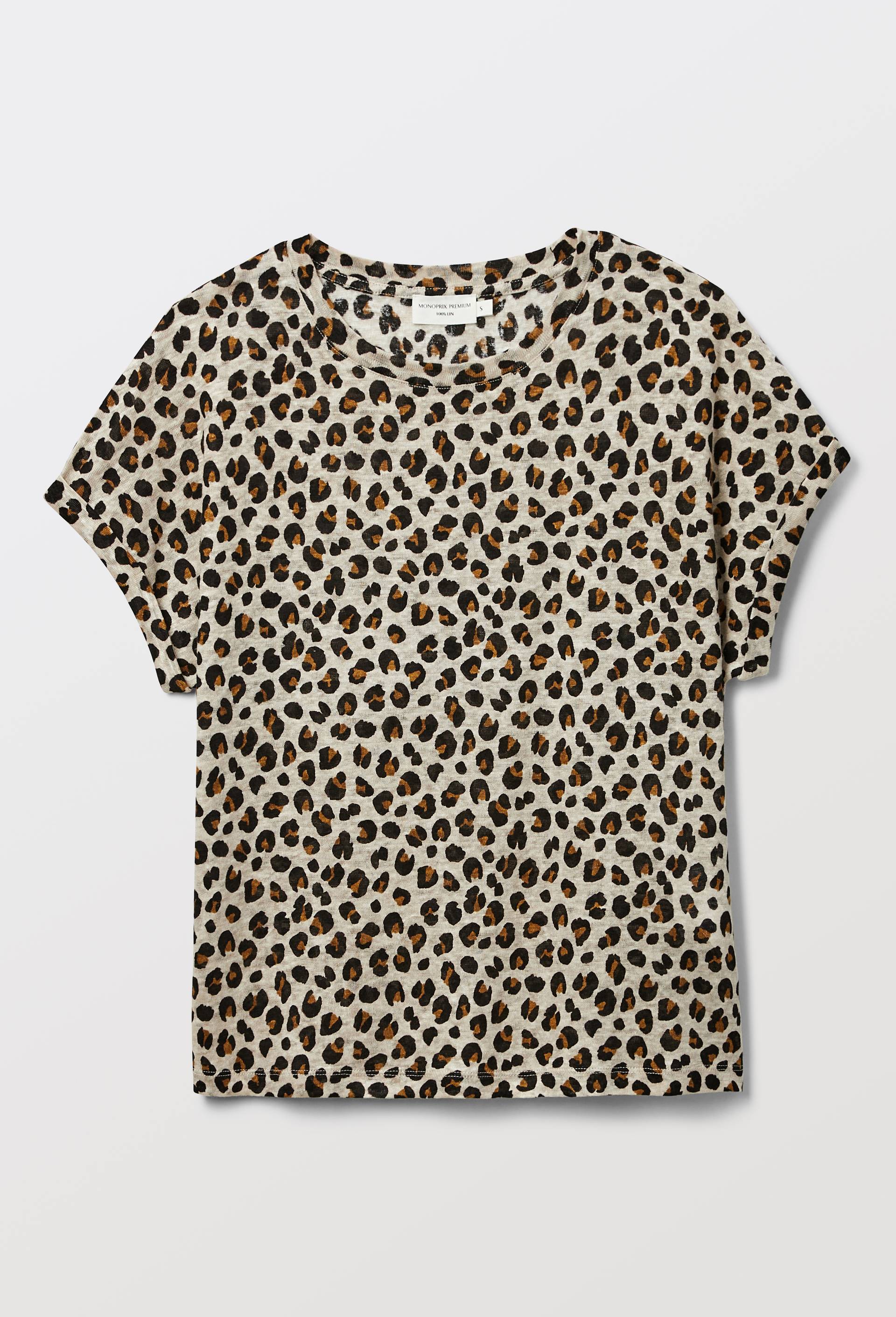 T-shirt manches &agrave; revers imprim&eacute; en lin, certifi&eacute; Oeko-Tex, Beige clair, large image number 2