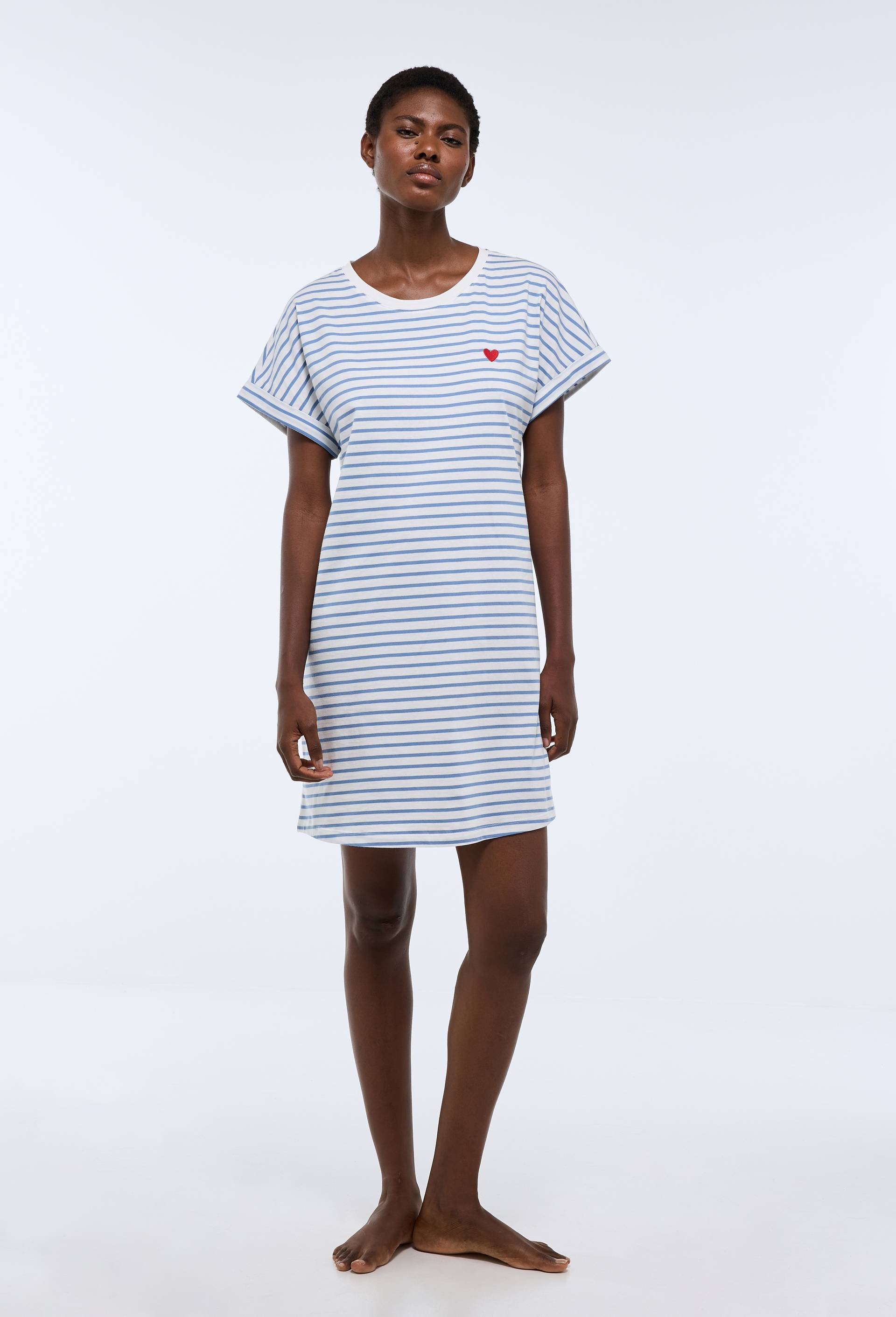 Chemise de nuit manches courtes ray&eacute;e en coton BIO GOTS, Bleu, large image number 0