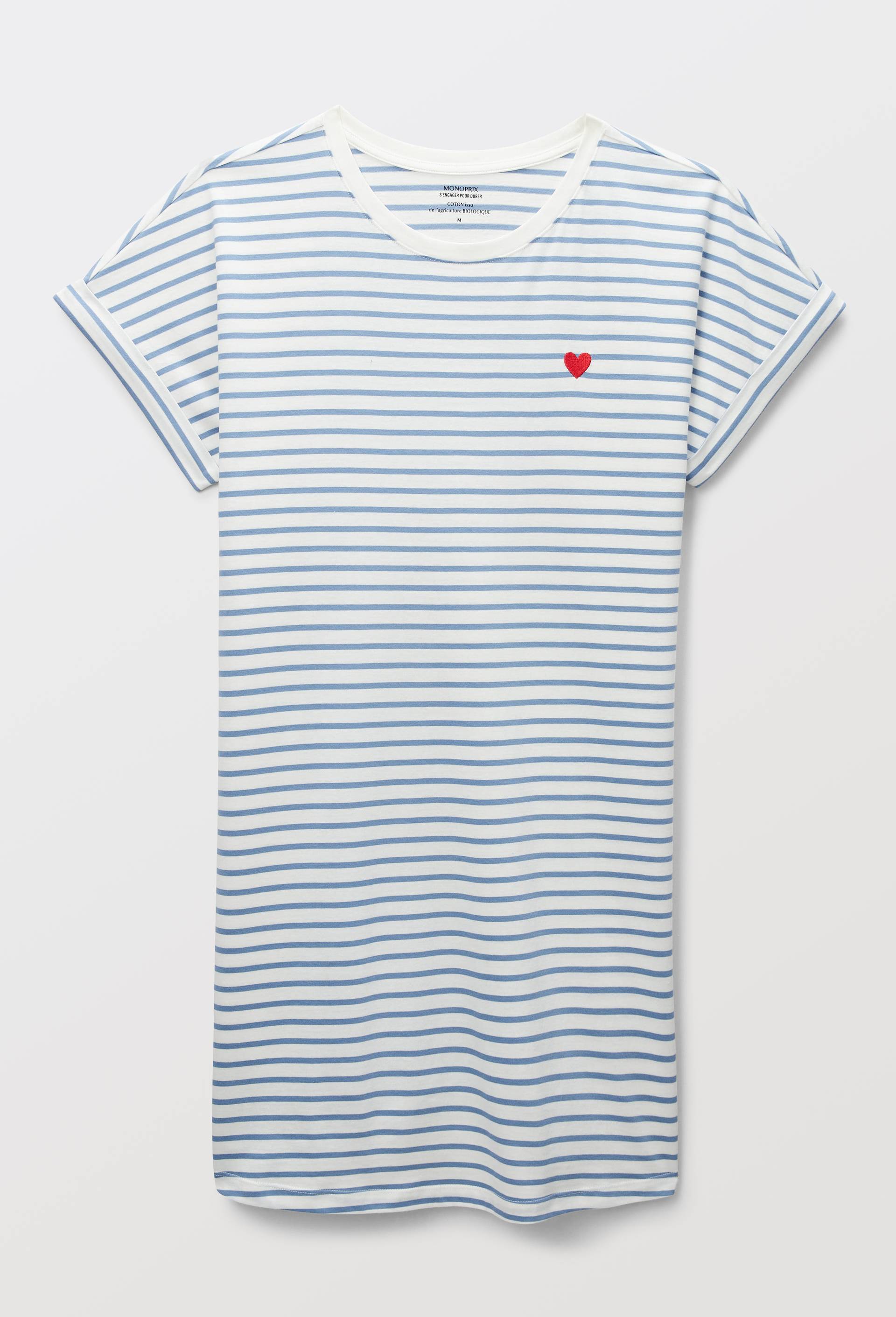 Chemise de nuit manches courtes ray&eacute;e en coton BIO GOTS, Bleu, large image number 2.0