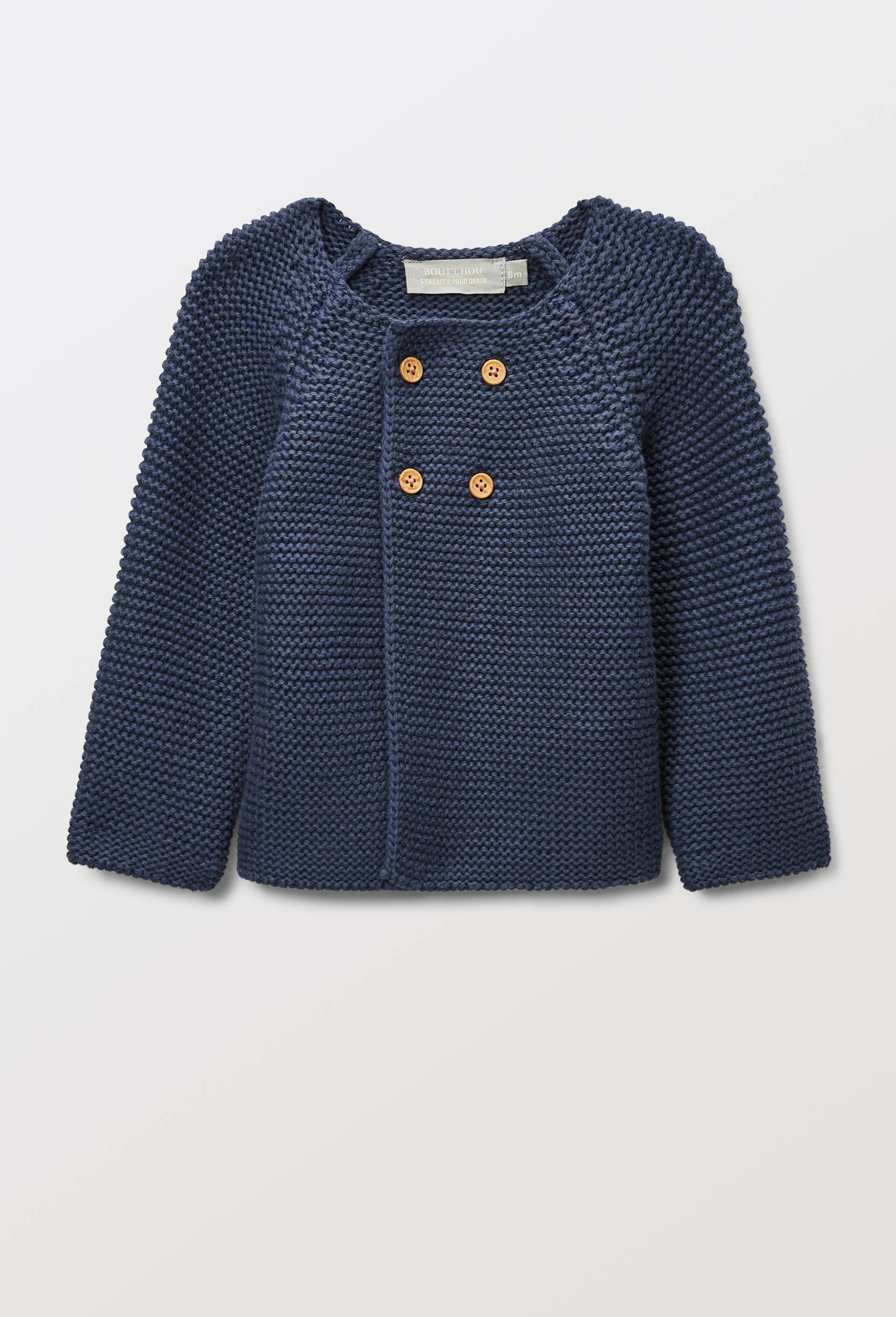 Cardigan uni en point mousse en coton, Bleu fonc&eacute;, swatch image