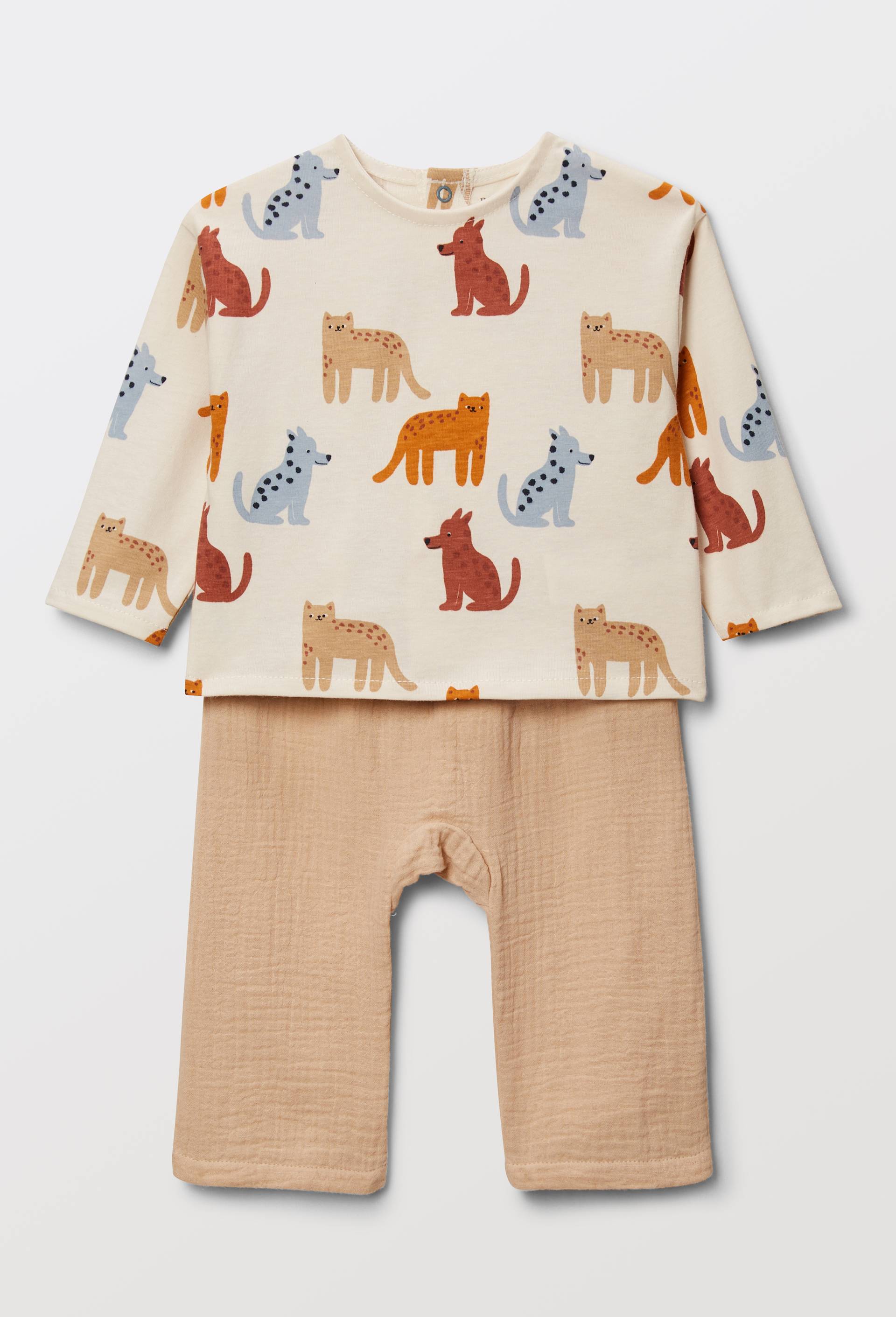 Ensemble t-shirt imprim&eacute; et pantalon en gaze de coton, Beige clair, large image number 0.0