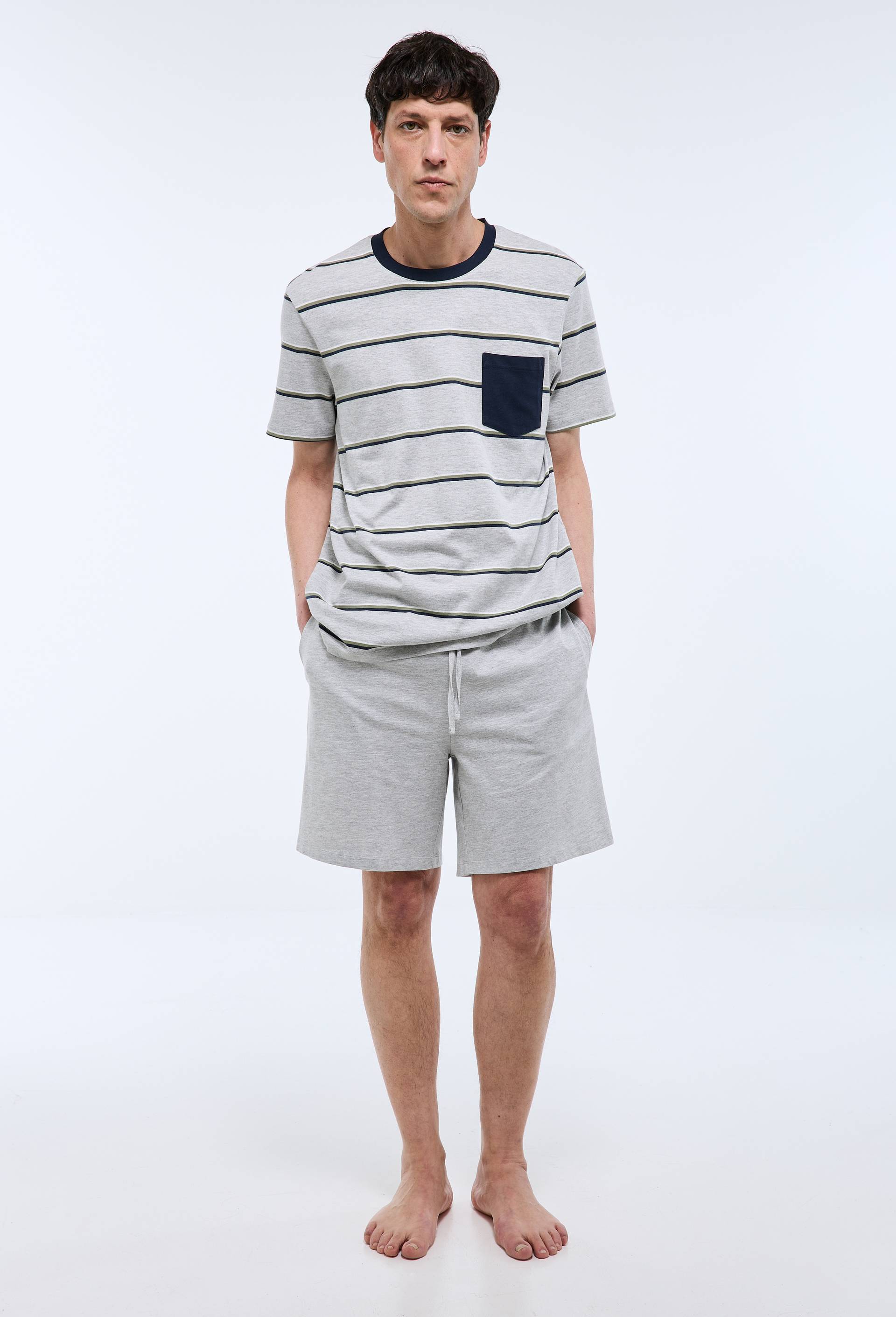Pyjama T-Shirt manches courtes &agrave; rayures et short en coton BIO GOTS, Gris, swatch image