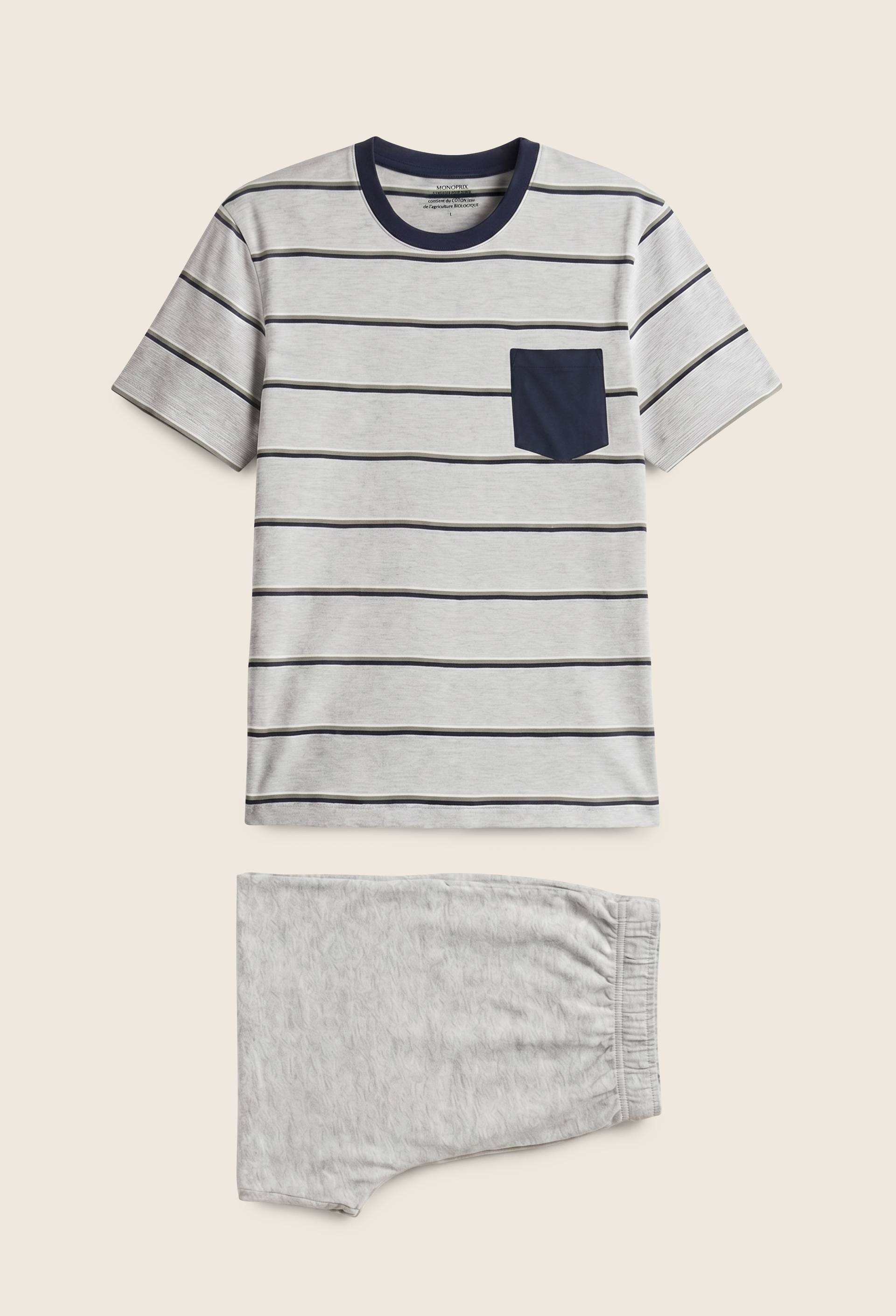 Pyjama T-Shirt manches courtes &agrave; rayures et short en coton BIO GOTS, Gris, large image number 0.0