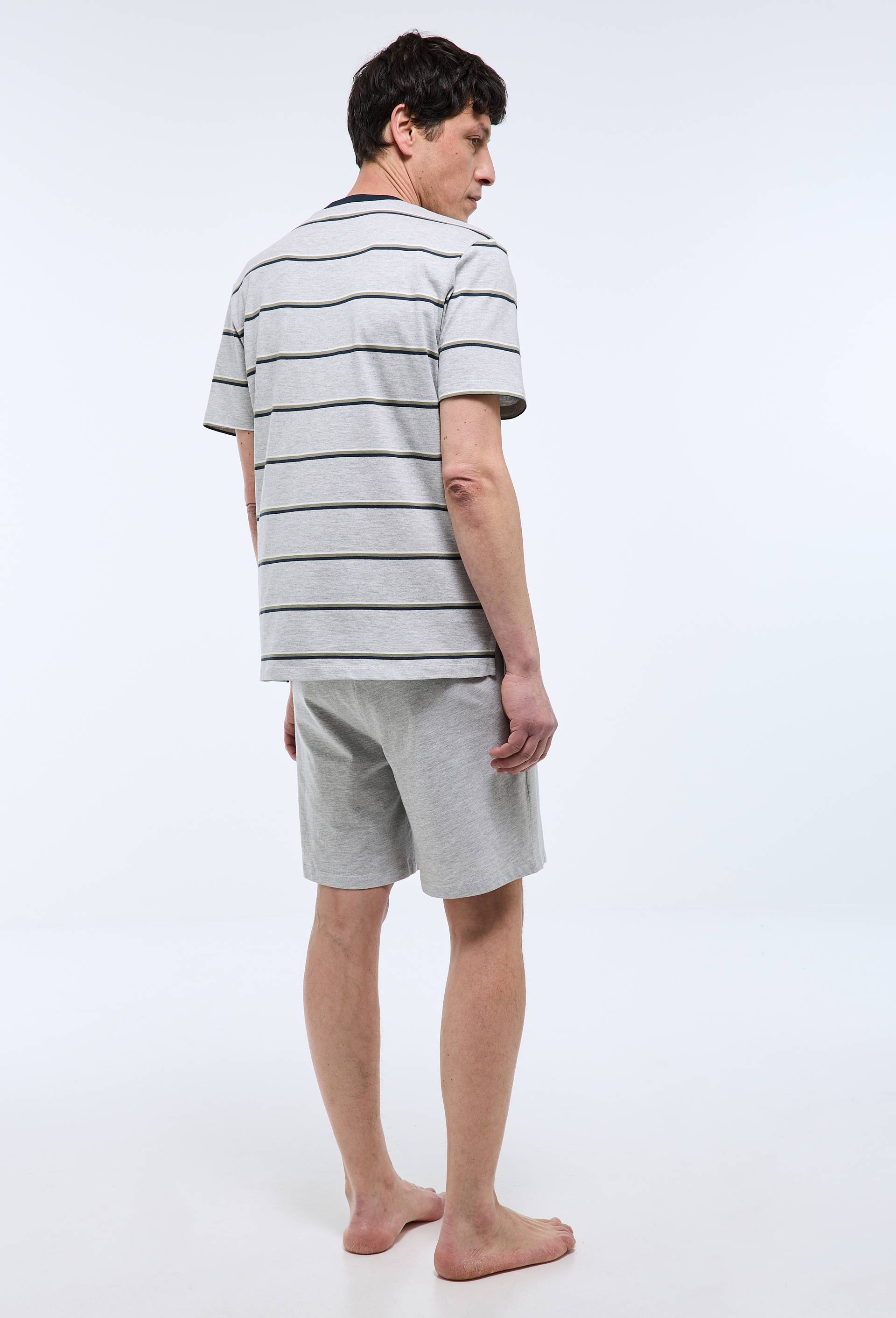 Pyjama T-Shirt manches courtes &agrave; rayures et short en coton BIO GOTS, Gris, large image number 1