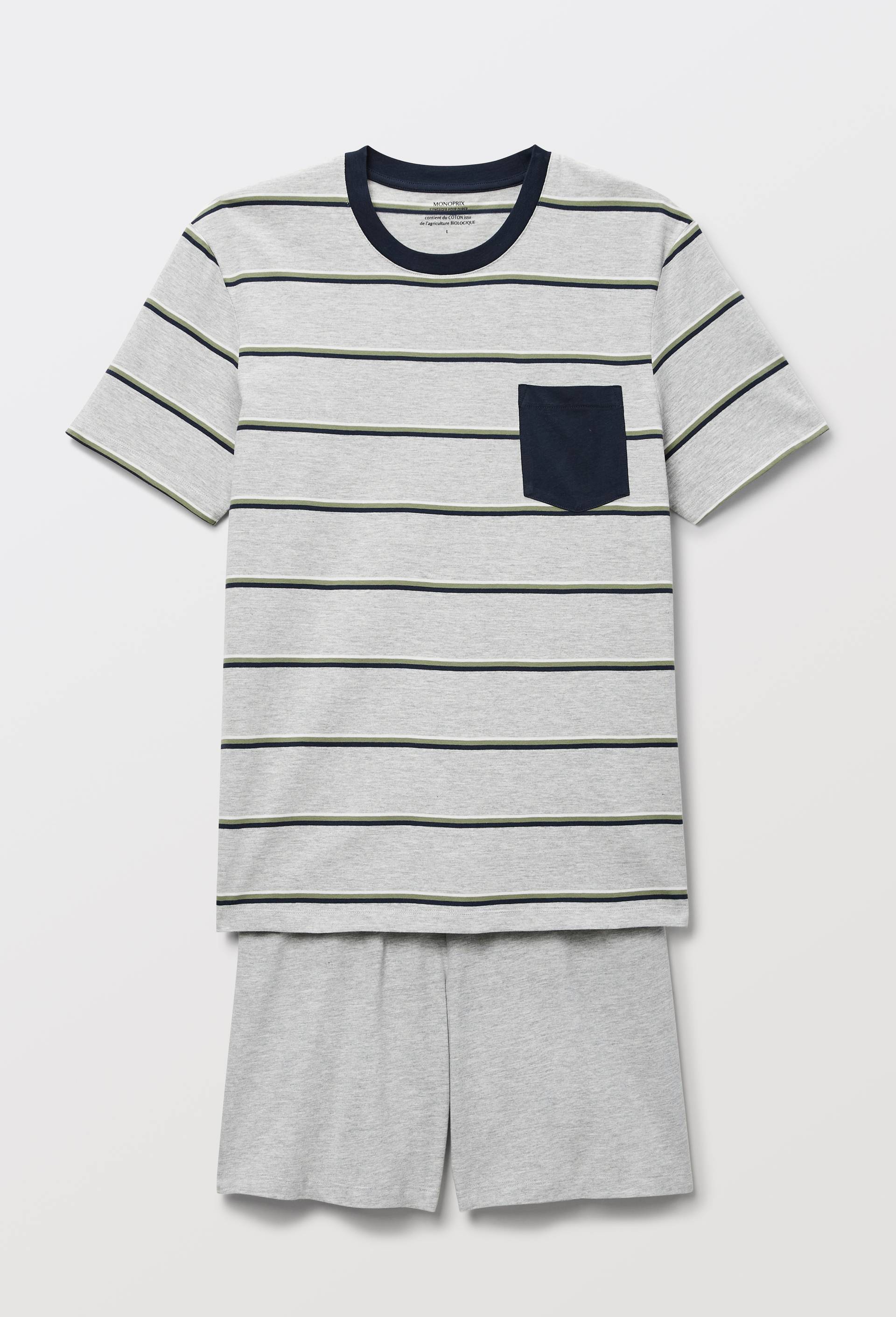 Pyjama T-Shirt manches courtes &agrave; rayures et short en coton BIO GOTS, Gris, large image number 2