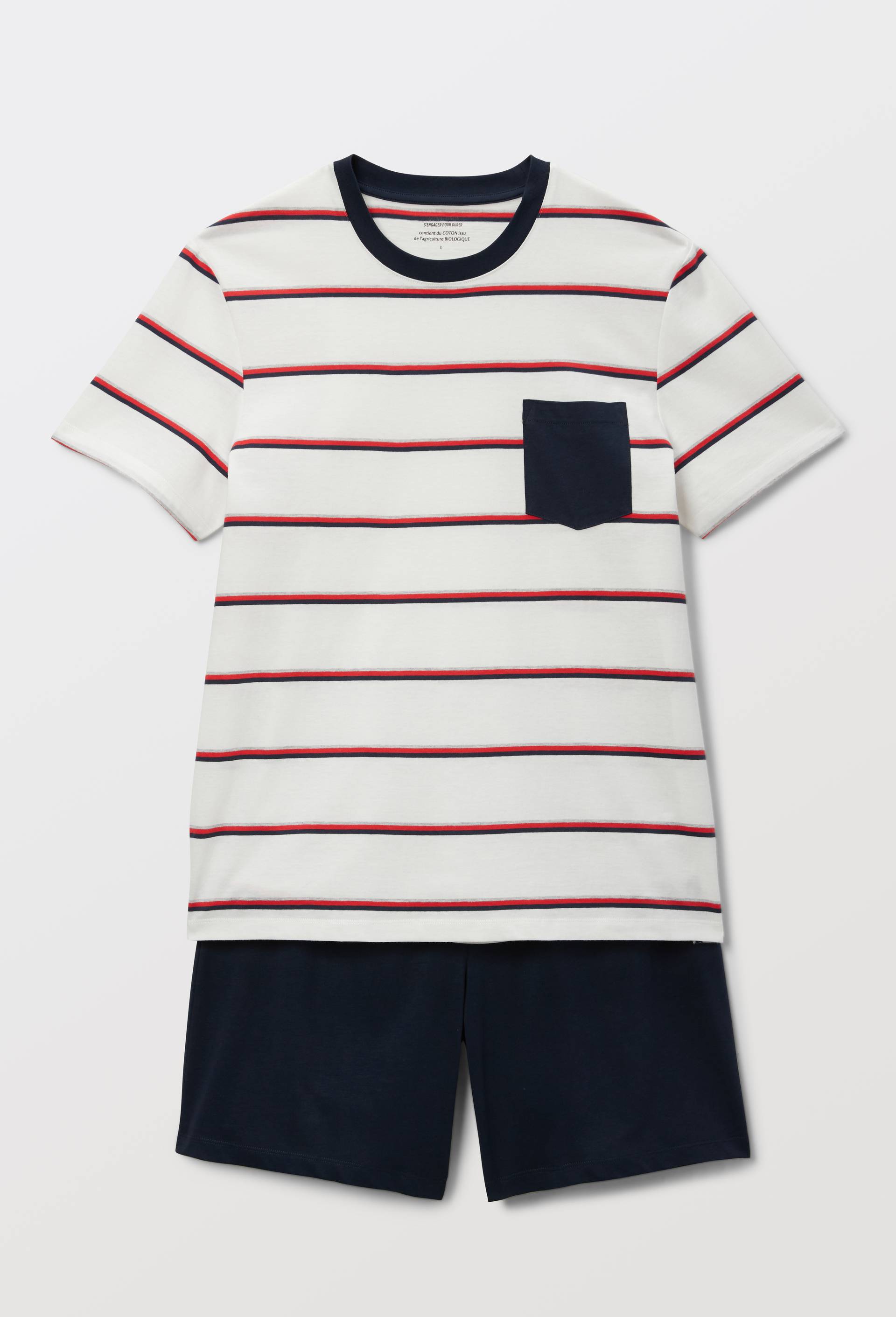 Pyjama T-Shirt manches courtes &agrave; rayures et short en coton BIO GOTS, Bleu fonc&eacute;, large image number 2