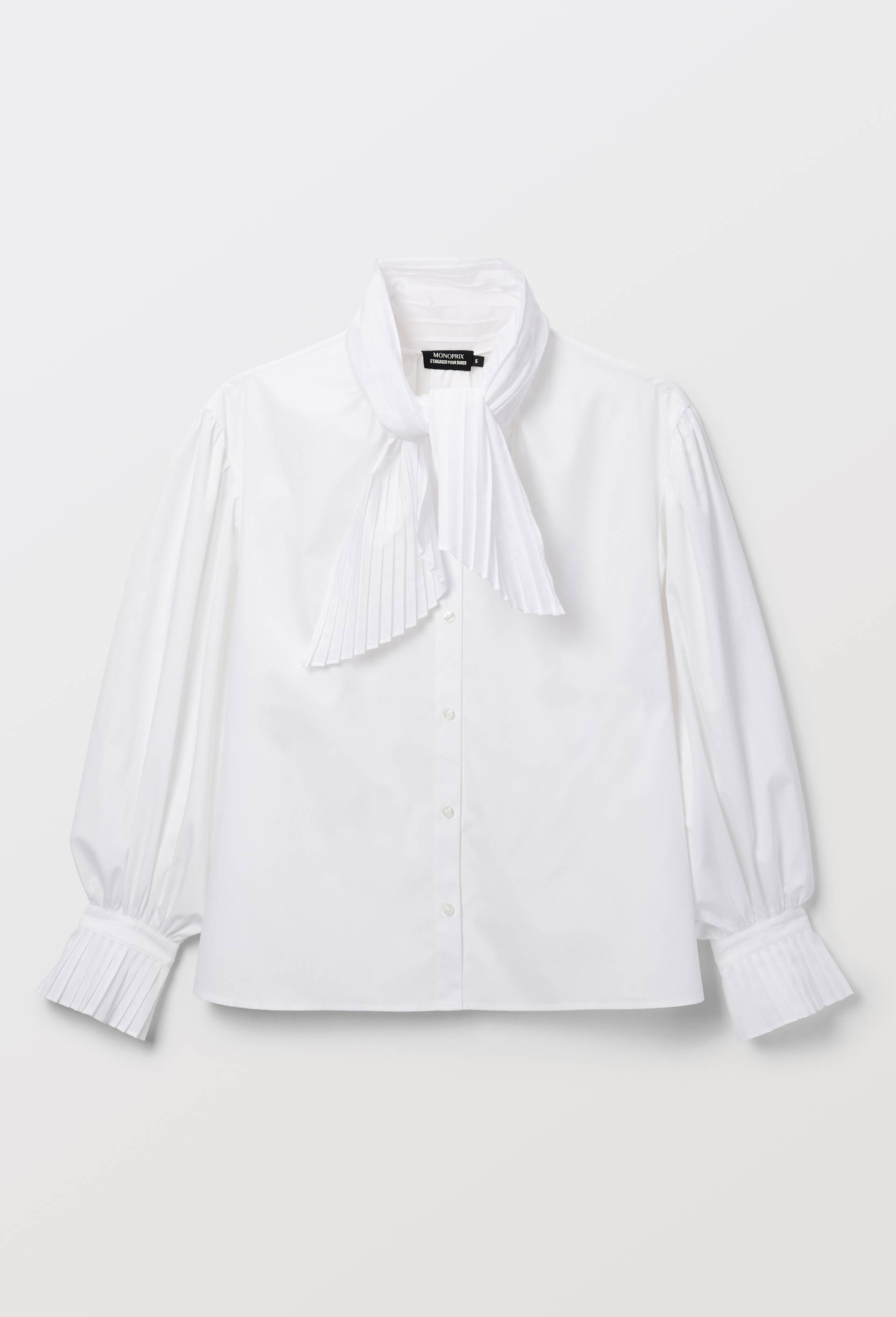 Blouse avec col &agrave; nouer unie contenant du coton, Blanc, large image number 4