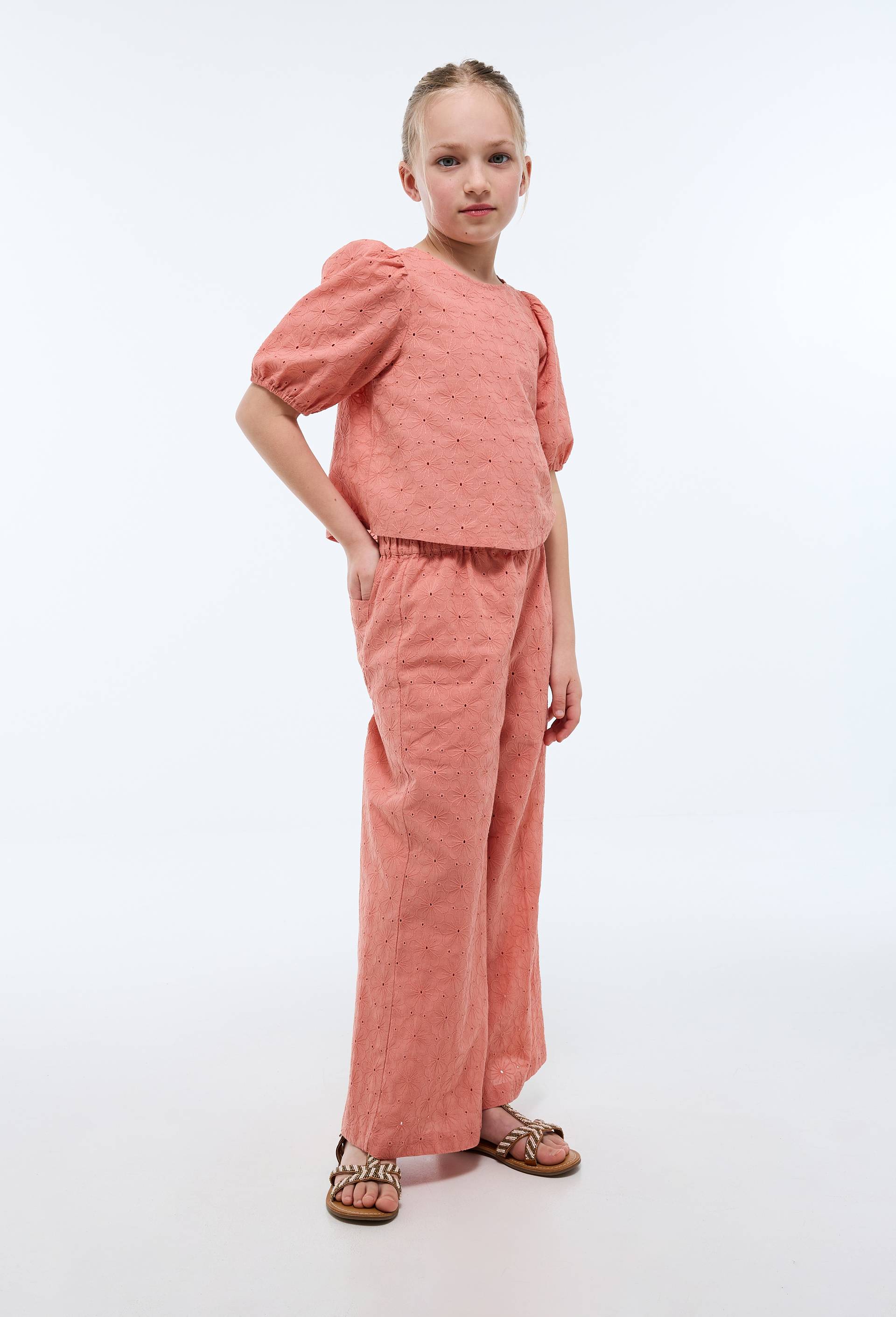 Pantalon brod&eacute; en coton, Rose, large image number 0