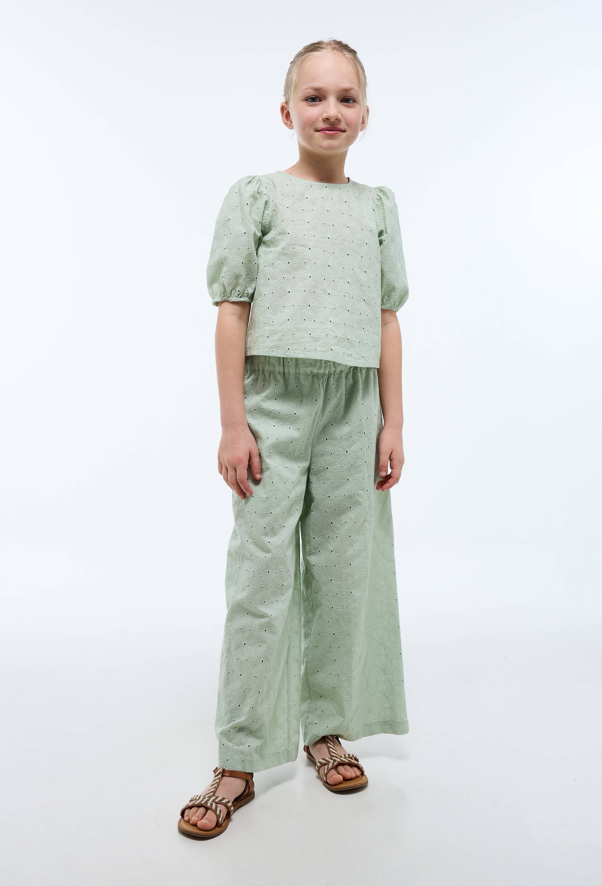 Pantalon brod&eacute; en coton, Vert clair, large image number 0