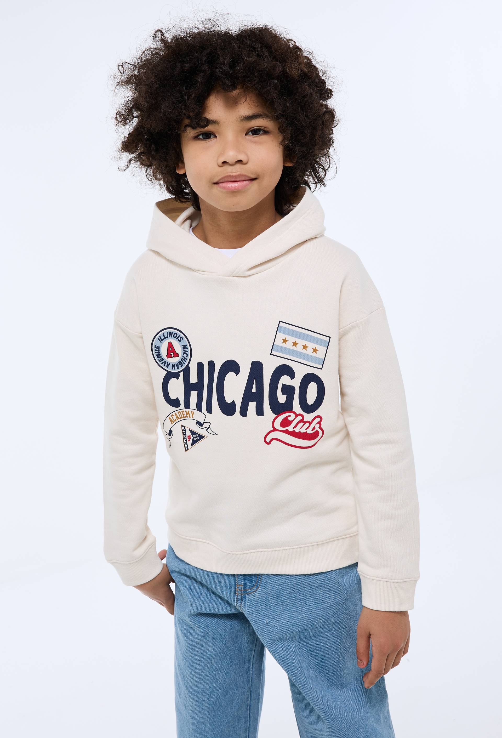 Sweat zipp&eacute; &agrave; capuche  imprim&eacute; en coton BIO GOTS, Beige clair, large image number 0