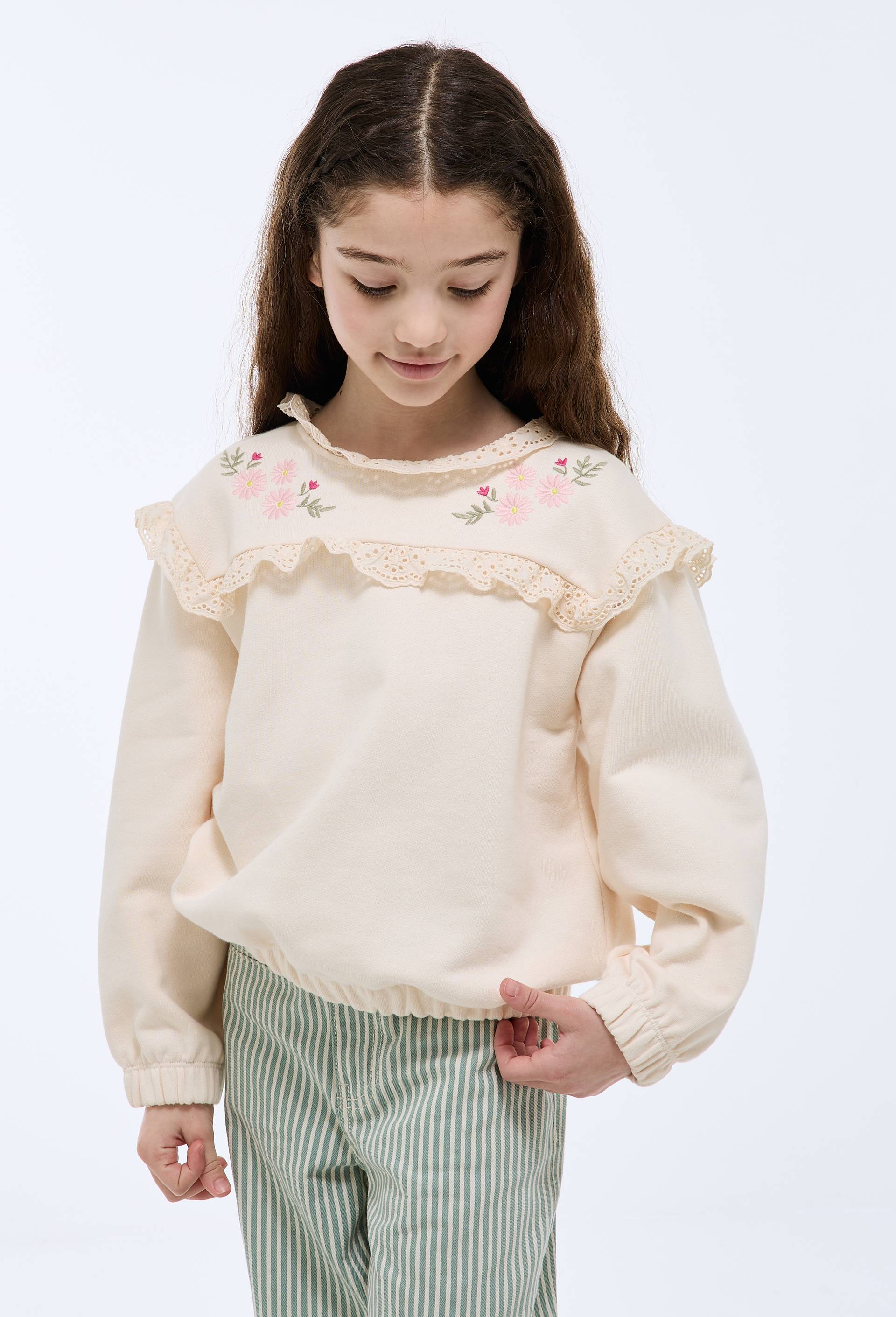 Sweat avec broderies en coton, Beige clair, large image number 0.0