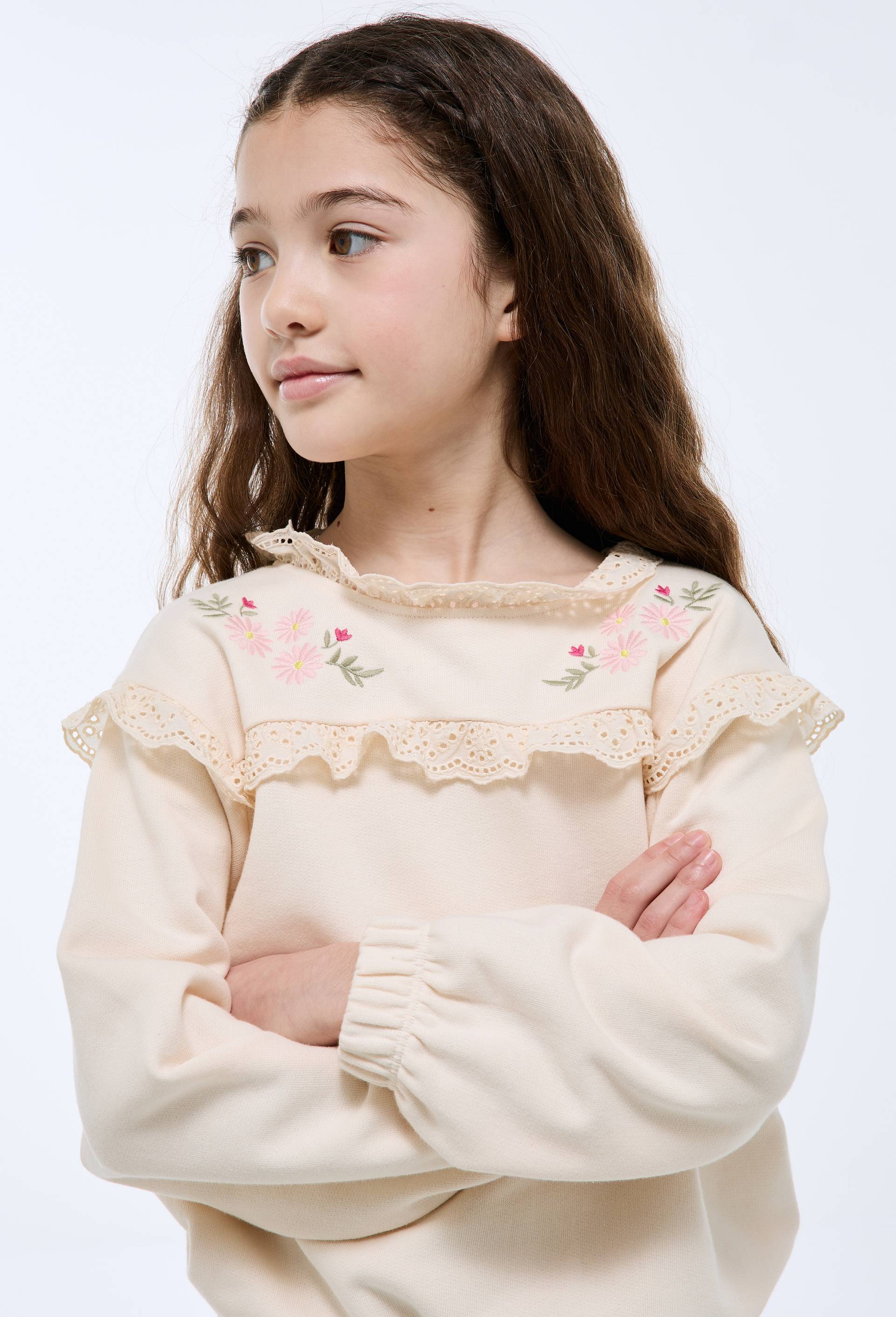 Sweat avec broderies en coton, Beige clair, large image number 1