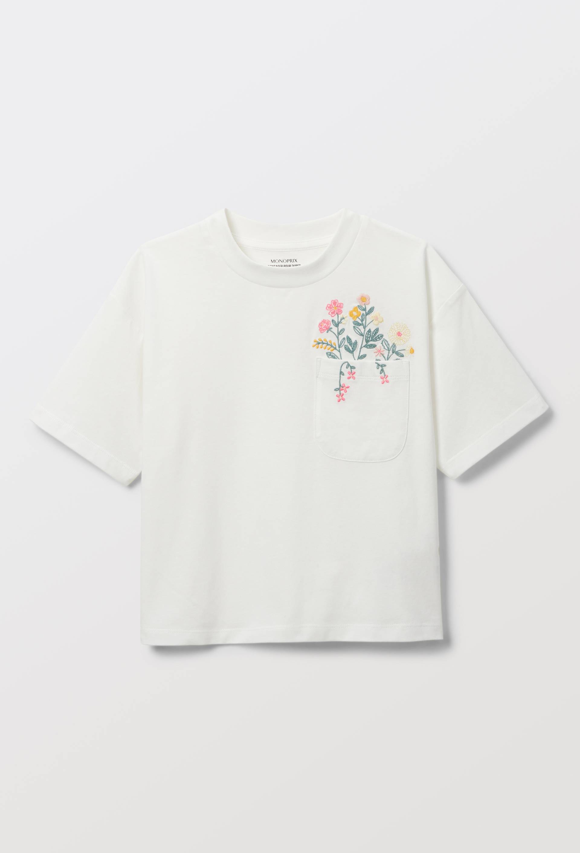 T-shirt poche brod&eacute;e en coton, Ecru, large image number 1
