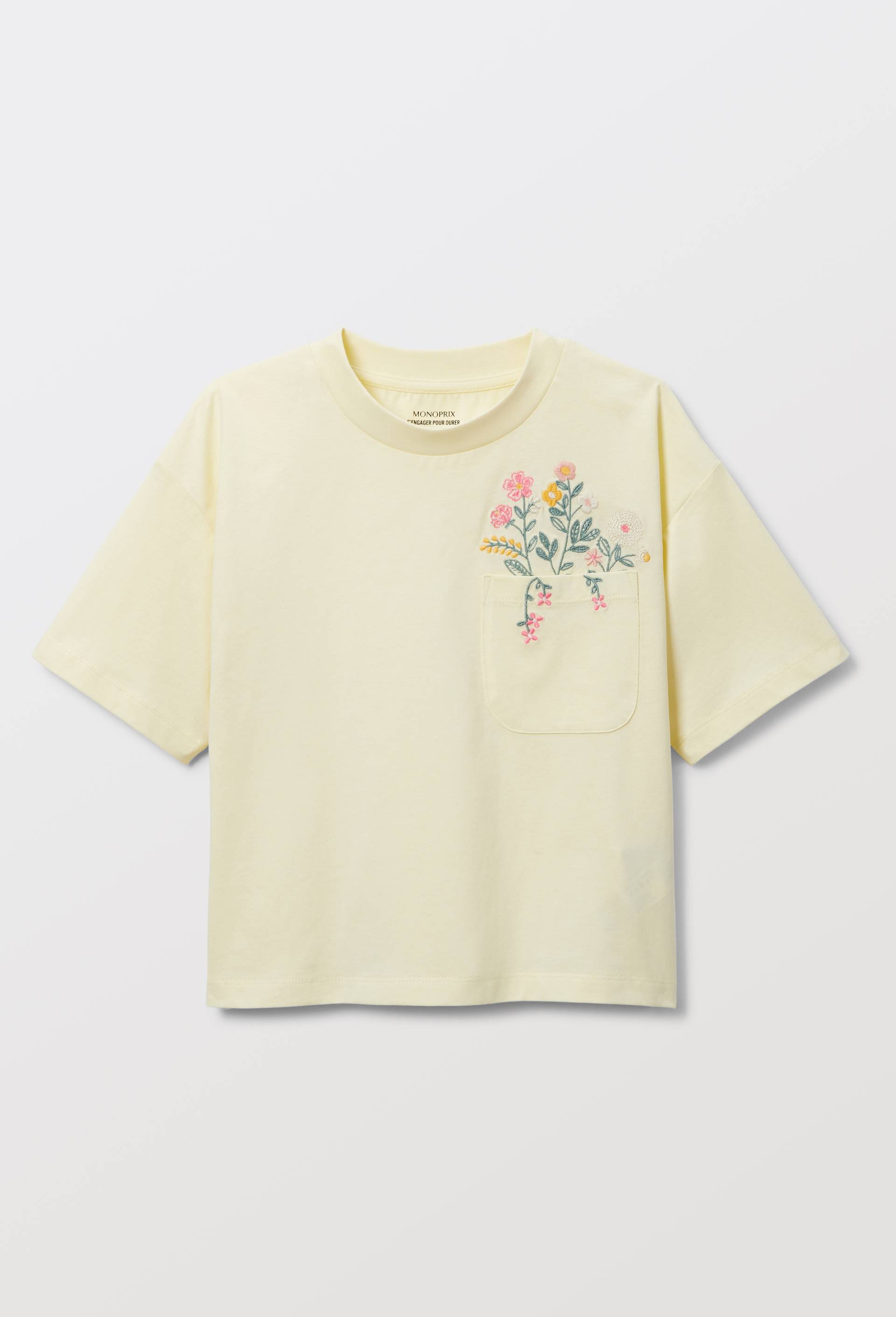 T-shirt poche brod&eacute;e en coton, Jaune clair, large image number 2.0