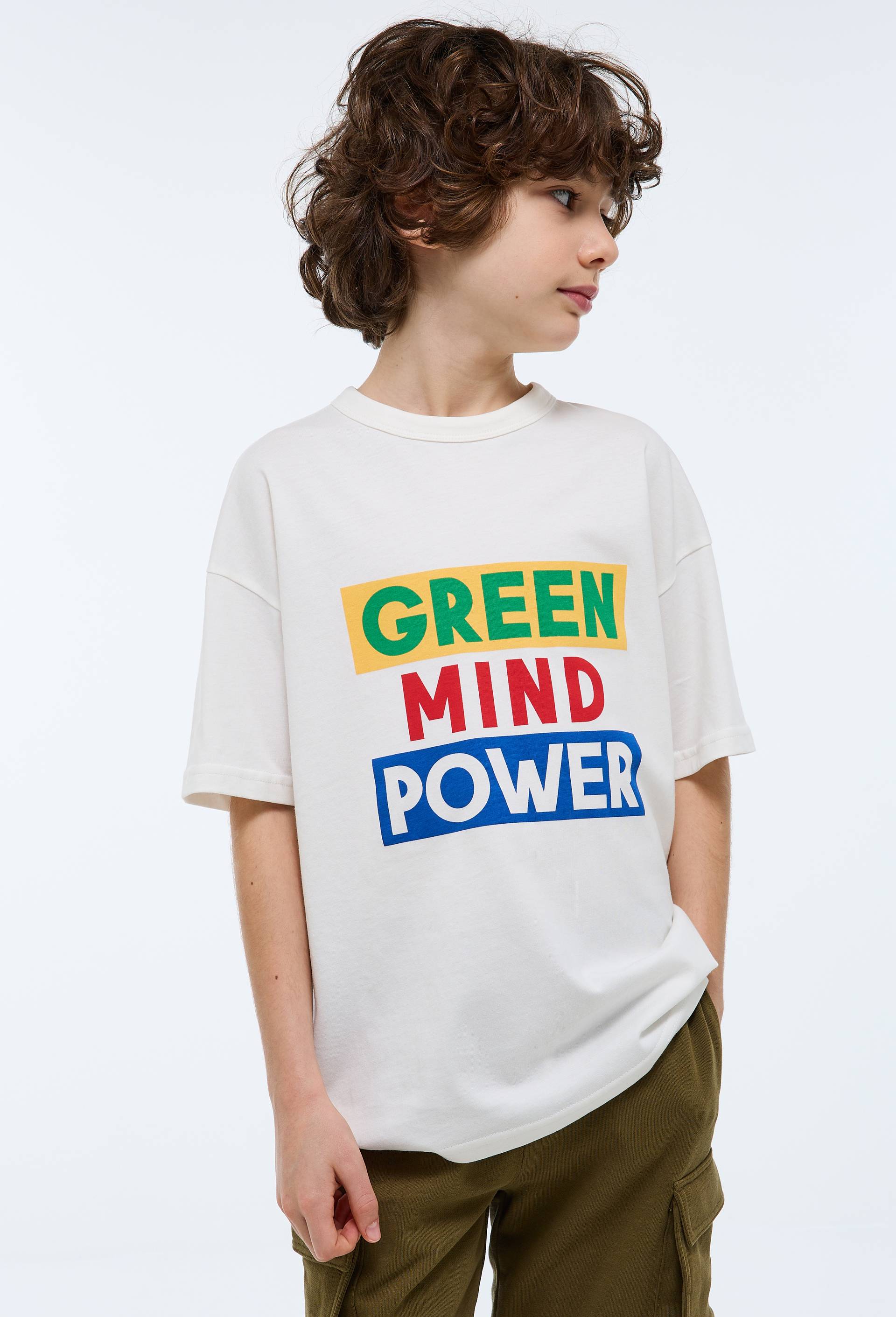 T-shirt manches courtes &agrave; imprim&eacute; GREEN MIND POWER en coton BIO GOTS, Beige clair, large image number 0.0