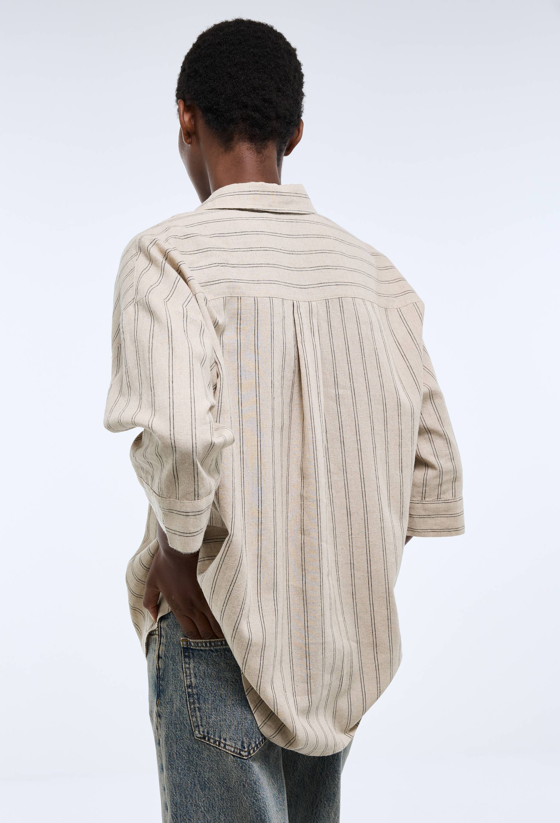 Blouse manches trois quarts ray&eacute;e en lin coton, Beige clair, large image number 1.0