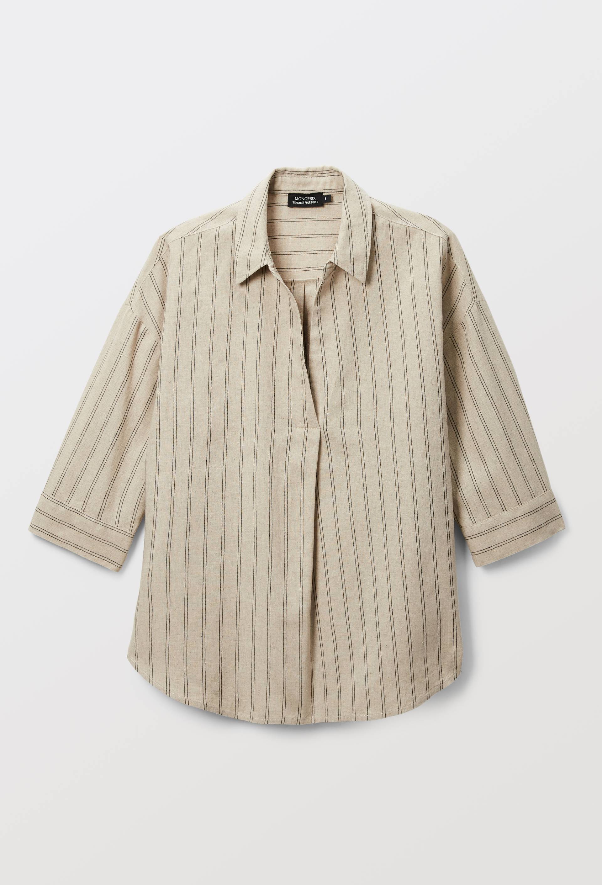 Blouse manches trois quarts ray&eacute;e en lin coton, Beige clair, large image number 2