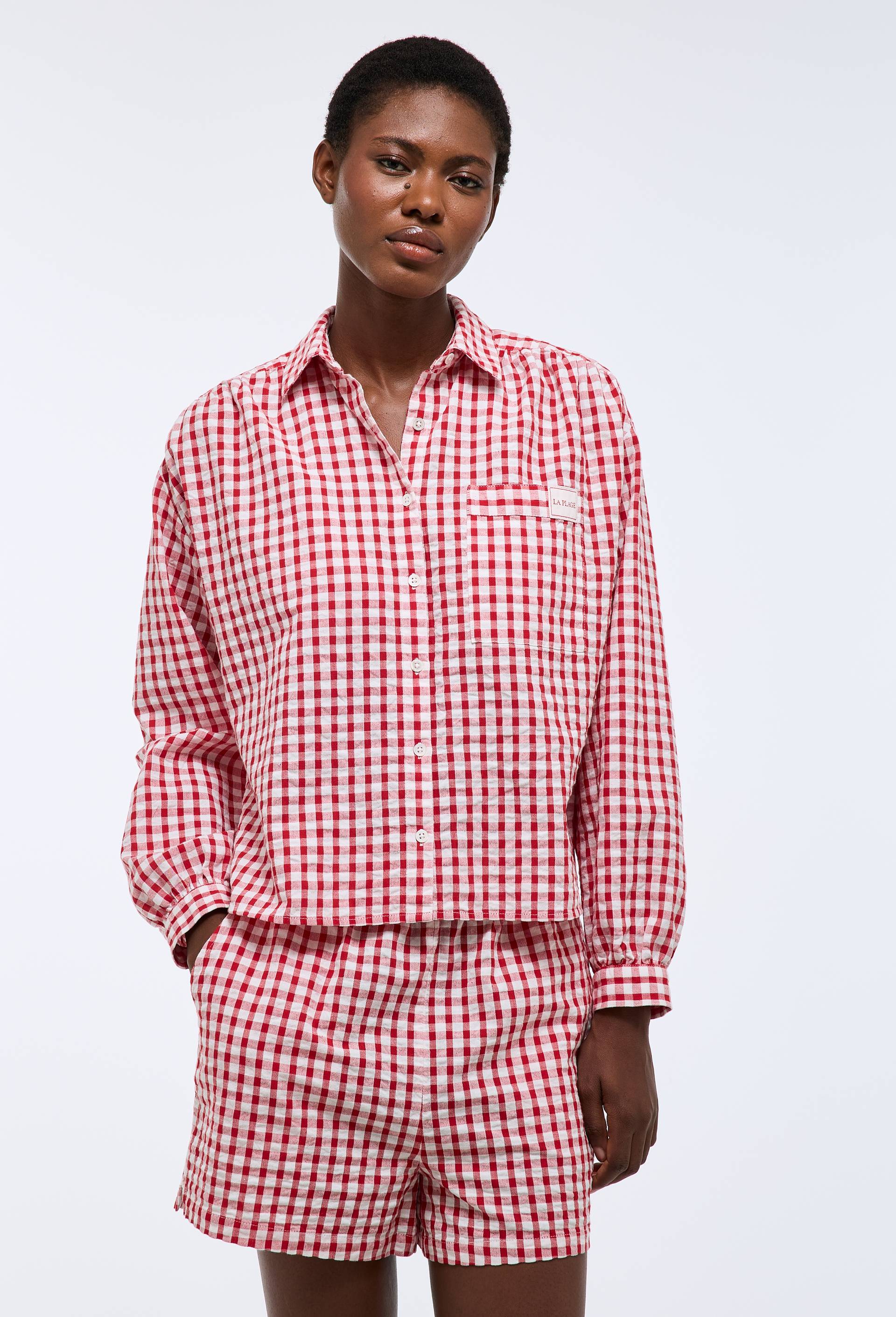 Chemise de plage vichy en coton BIO GOTS, Rouge, large image number 1.0