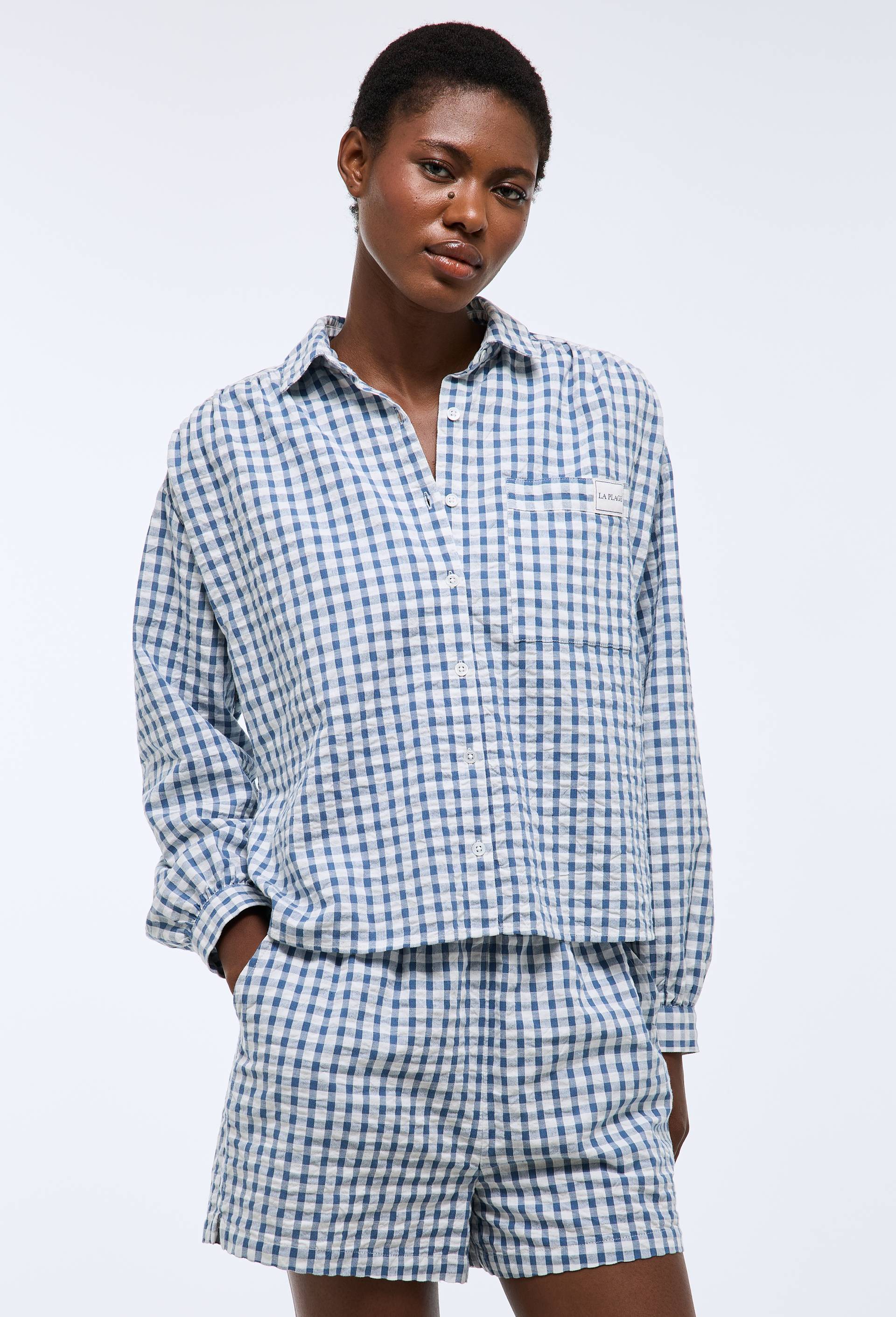 Chemise de plage vichy en coton BIO GOTS, Bleu, large image number 0
