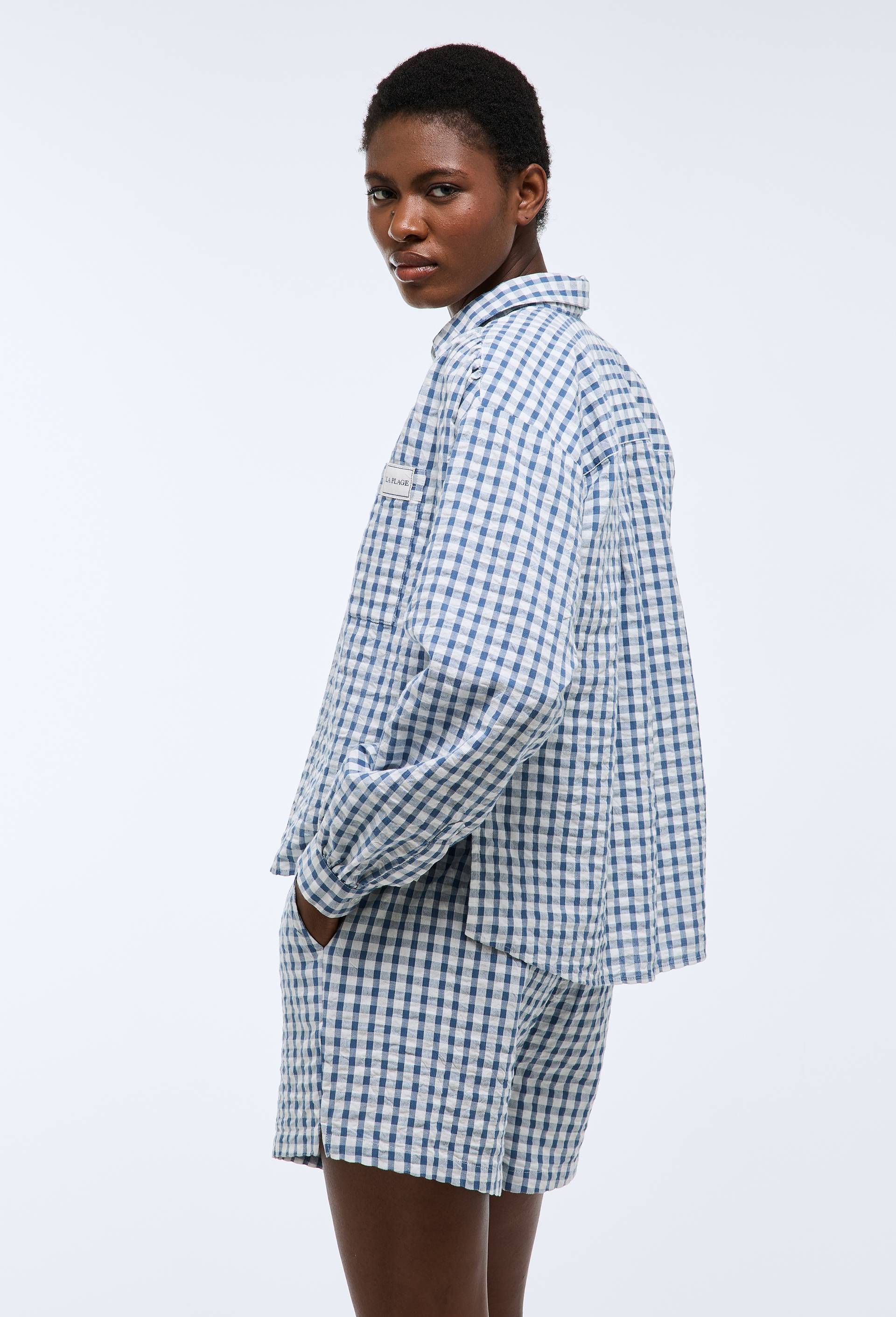 Chemise de plage vichy en coton BIO GOTS, Bleu, large image number 1.0
