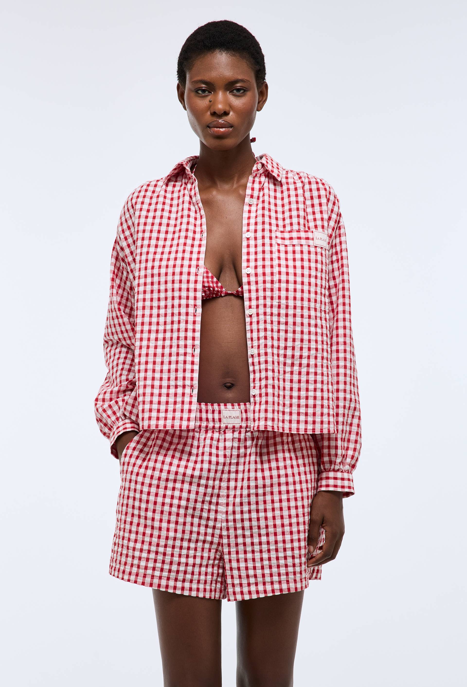 Short de plage vichy en coton BIO GOTS, Rouge, large image number 1