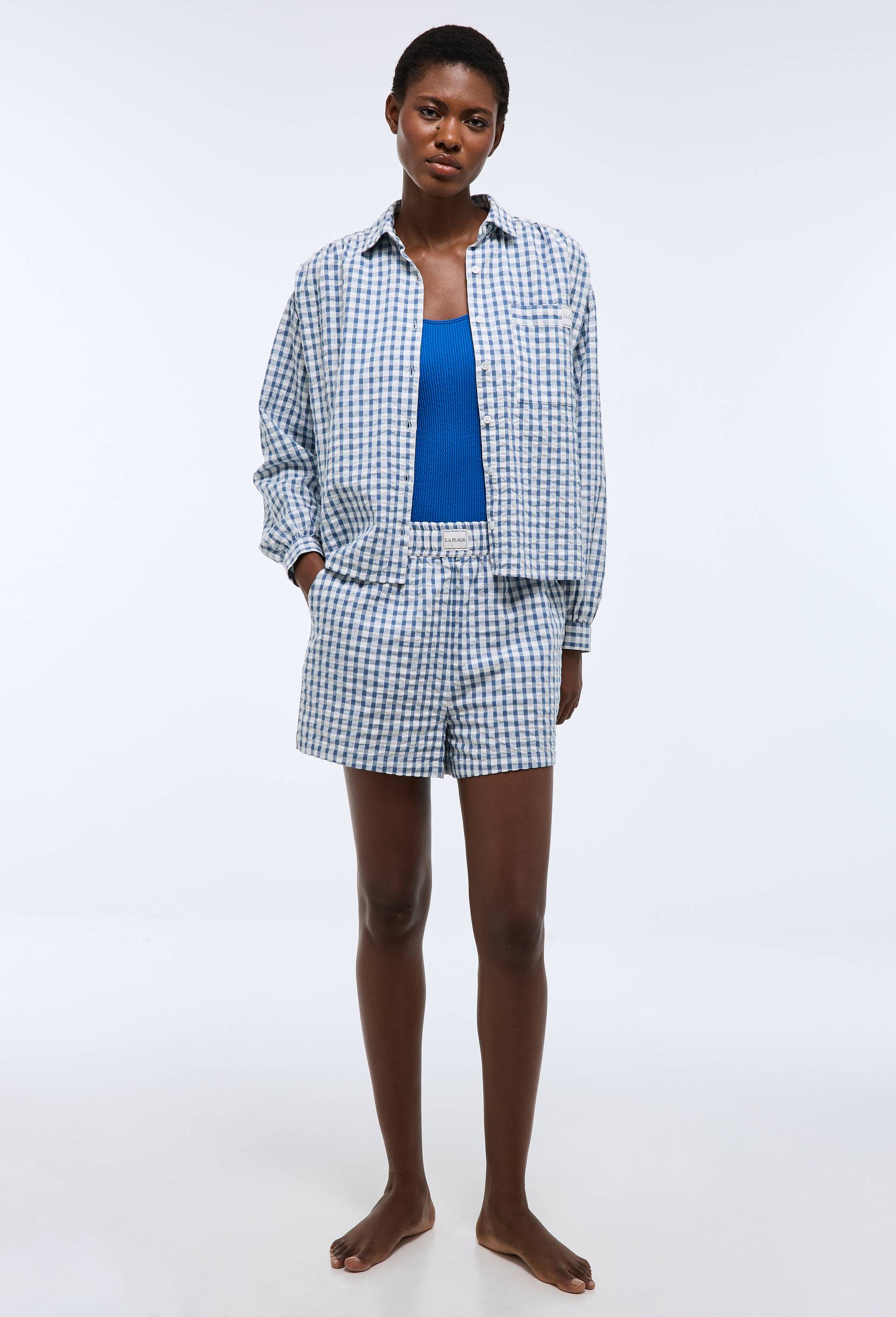 Short de plage vichy en coton BIO GOTS, Bleu, large image number 0