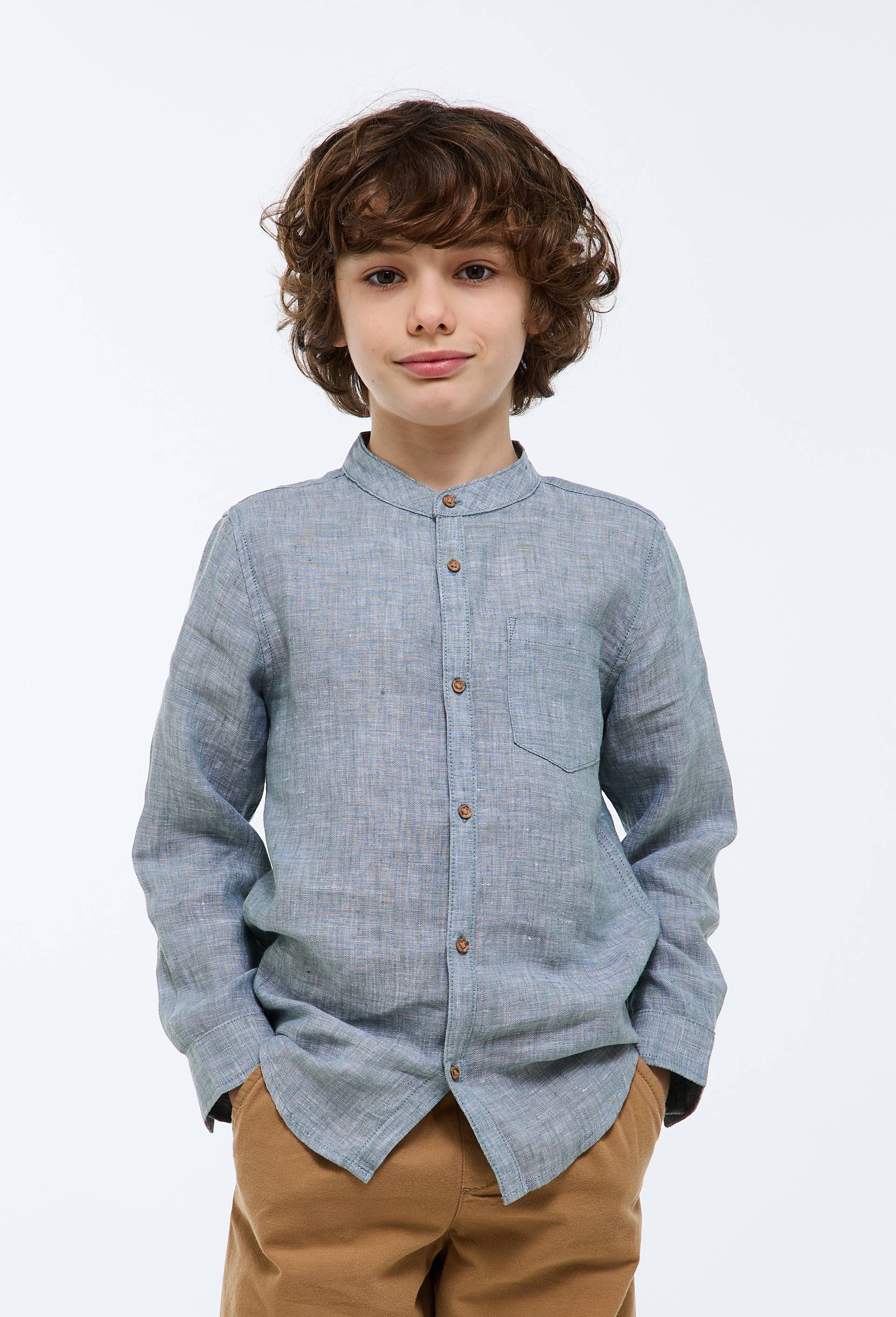 Chemise col mao unie en 100% lin, Vert, swatch image