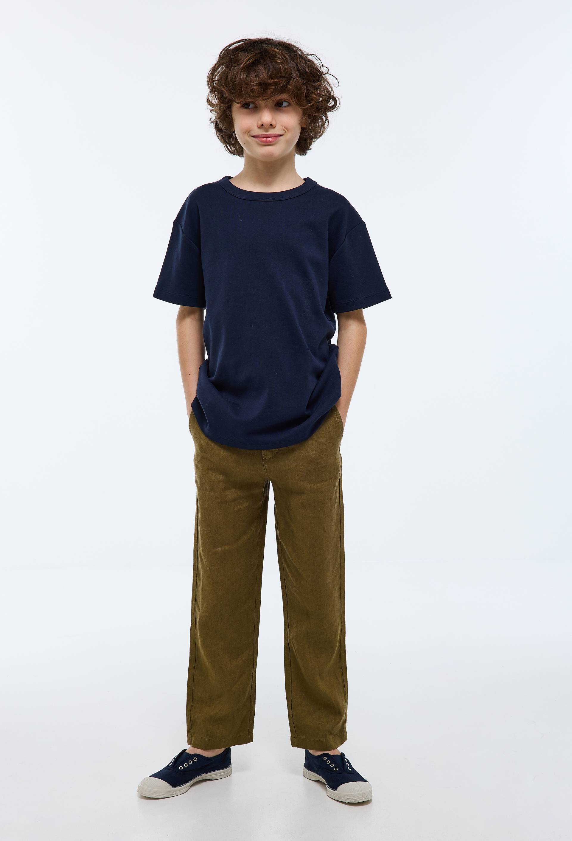 Pantalon droit uni en 100% lin, Vert fonc&eacute;, large image number 0.0