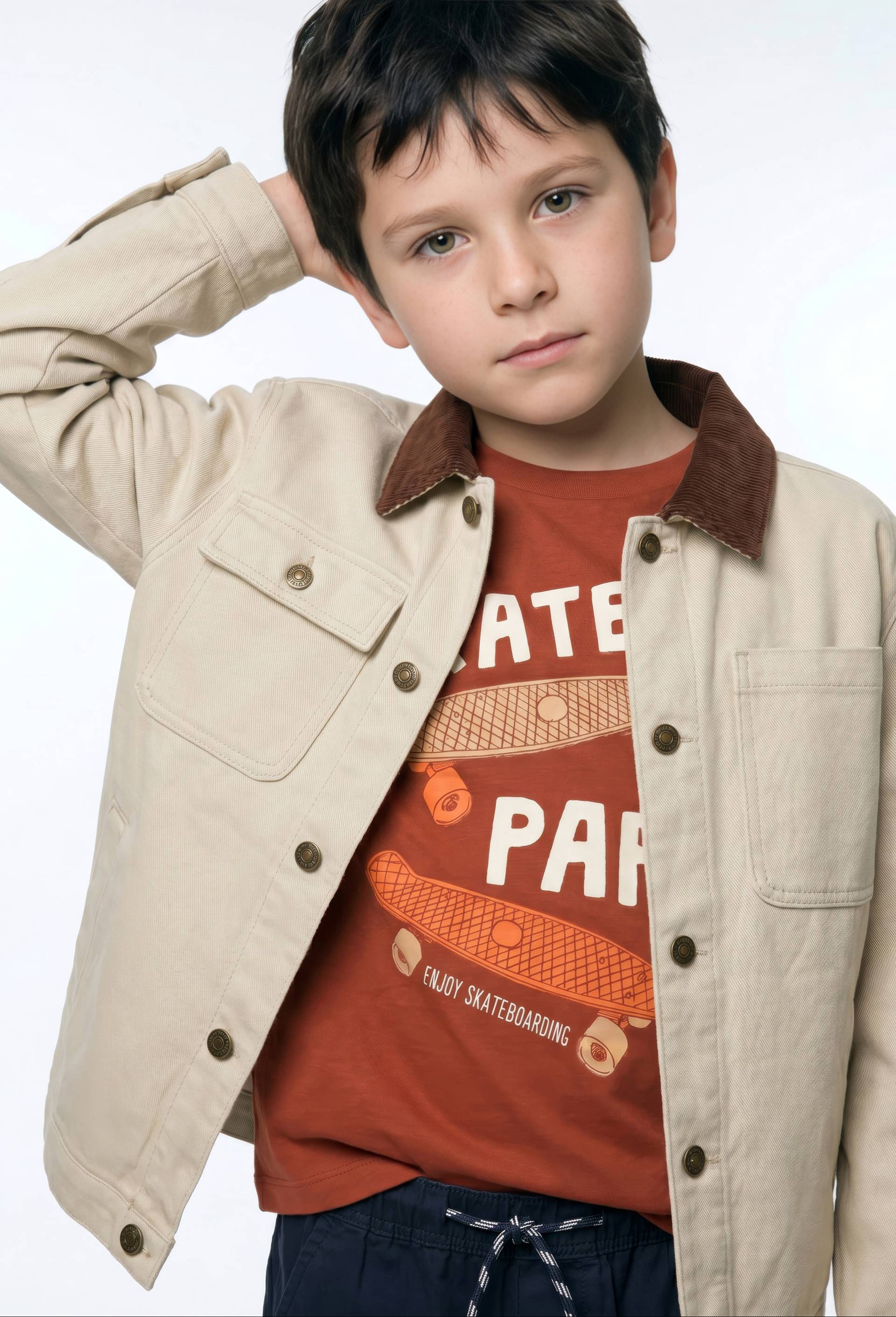 Veste en jean col couleur contrast&eacute;e en coton, Beige, large image number 0