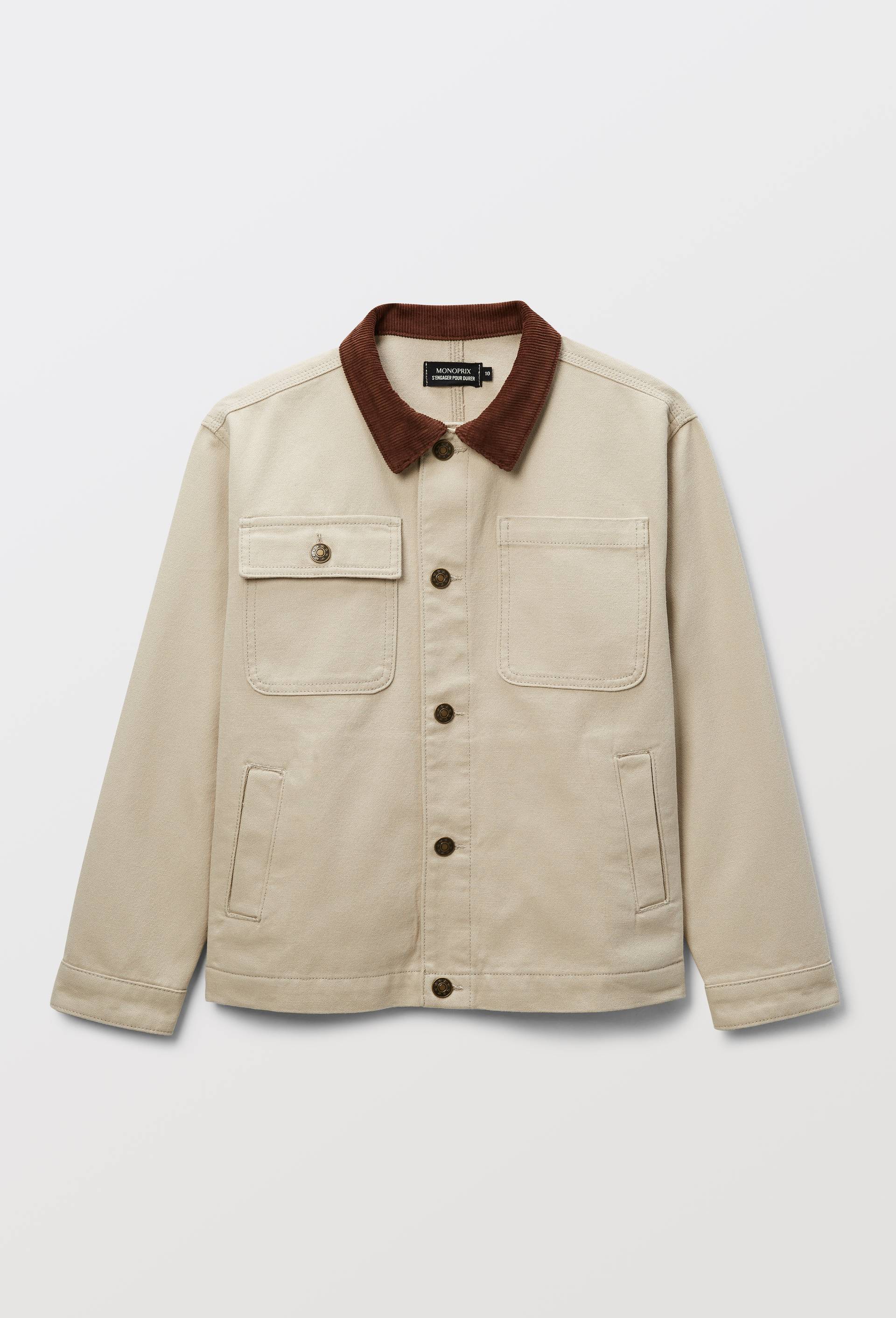 Veste en jean col couleur contrast&eacute;e en coton, Beige, large image number 1