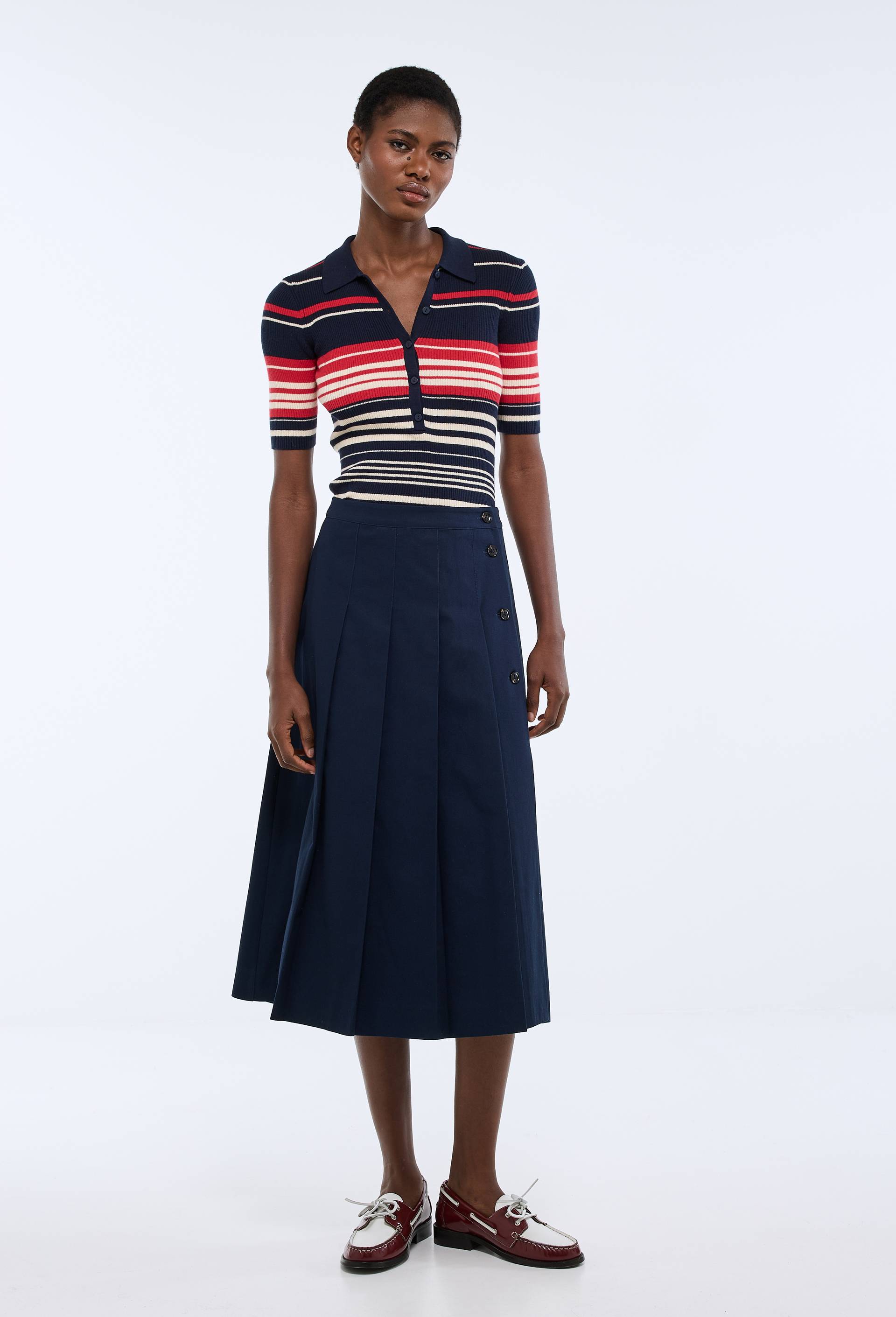 Jupe midi unie avec boutons en coton, Bleu fonc&eacute;, large image number 0.0