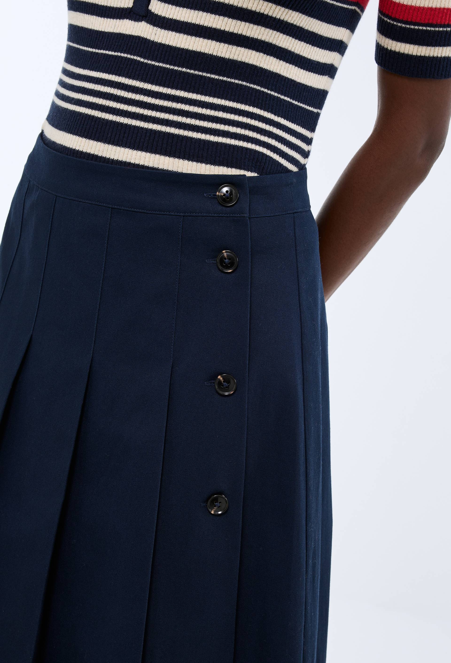 Jupe midi unie avec boutons en coton, Bleu fonc&eacute;, large image number 1.0