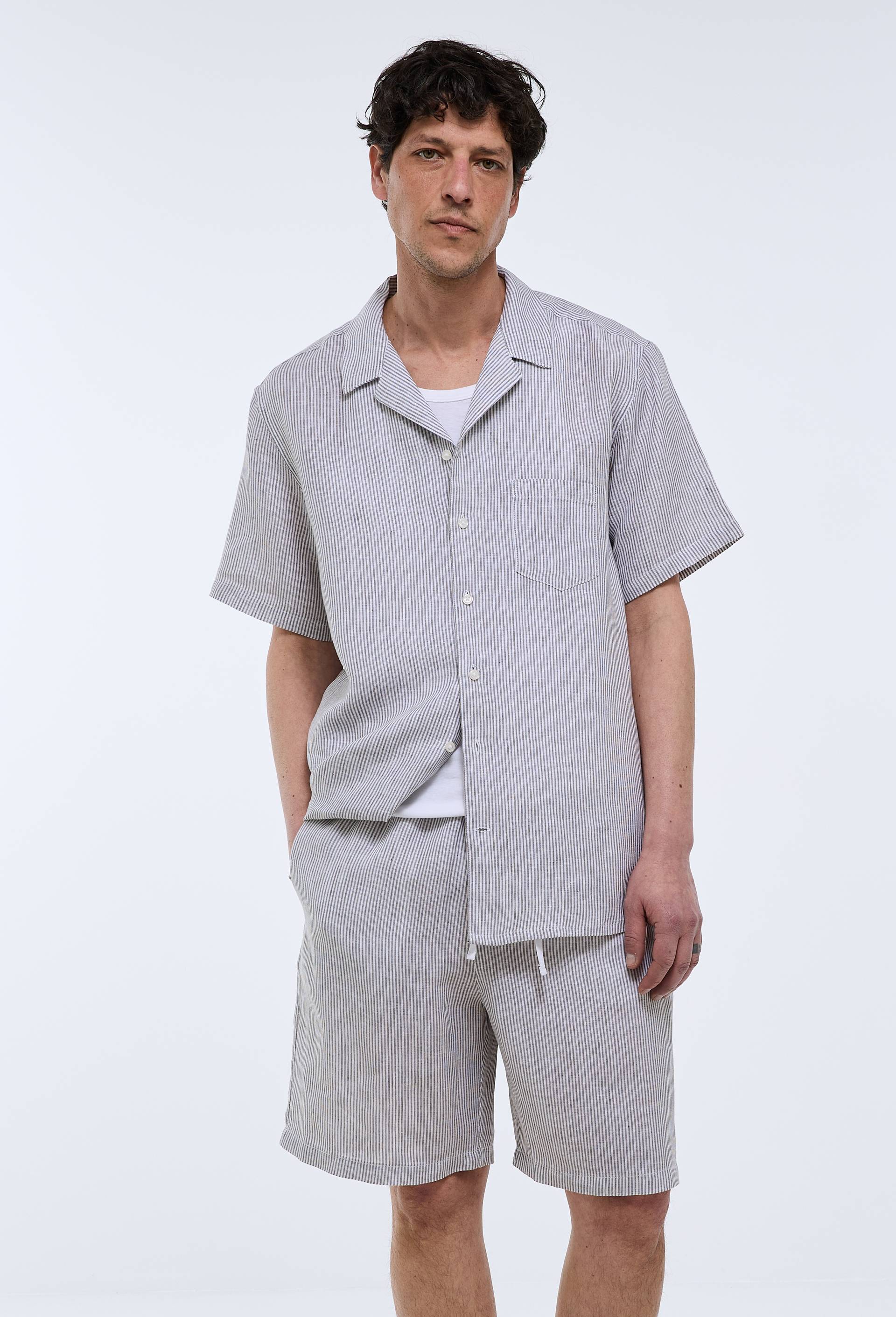 Pyjama Chemise manches courtes et Short ray&eacute;s en lin European Flax, Vert, large image number 0