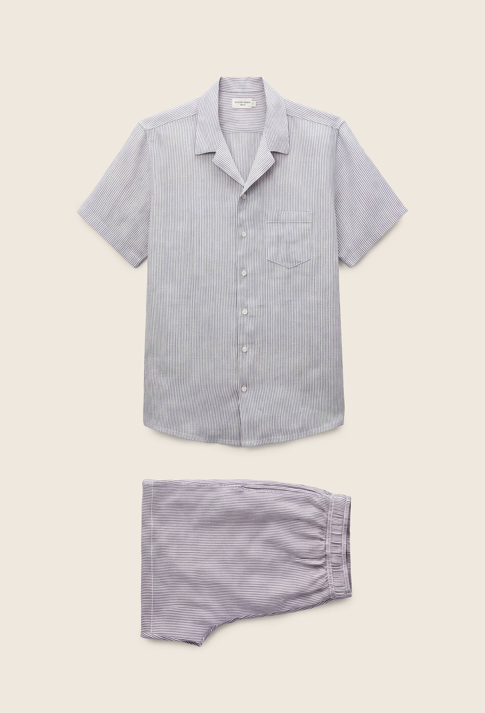 Pyjama Chemise manches courtes et Short ray&eacute;s en lin European Flax, Vert, swatch image