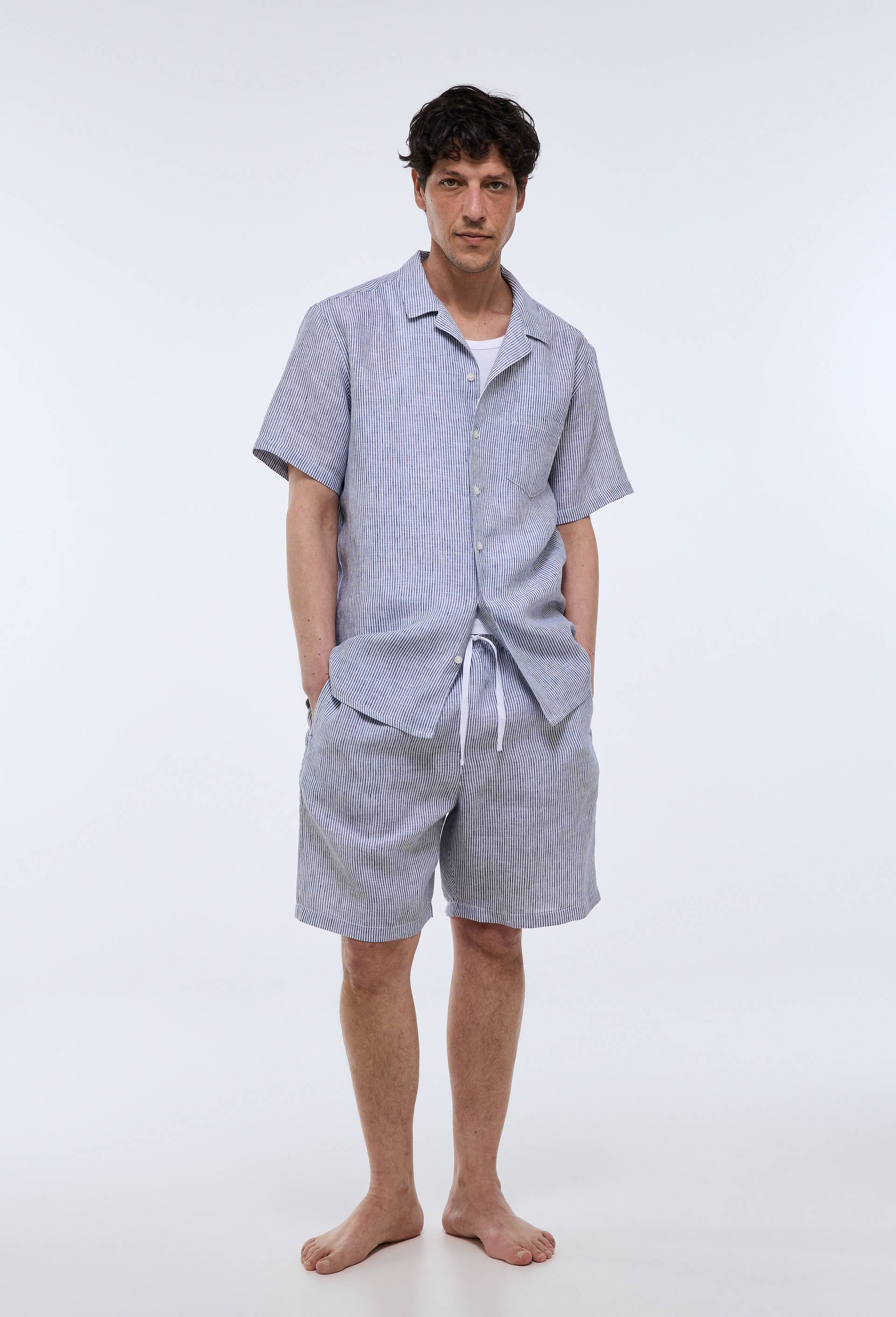 Pyjama Chemise manches courtes et Short ray&eacute;s en lin European Flax, Bleu clair, large image number 0