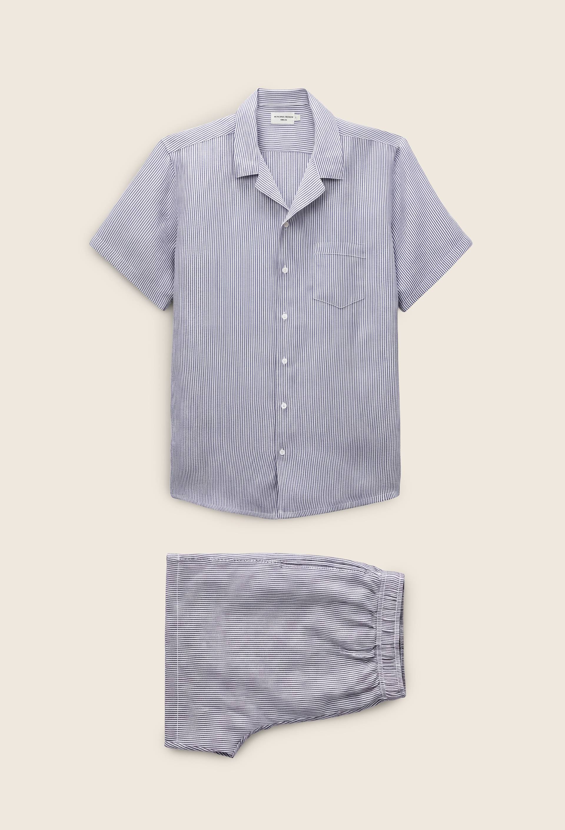 Pyjama Chemise manches courtes et Short ray&eacute;s en lin European Flax, Bleu clair, large image number 0.0